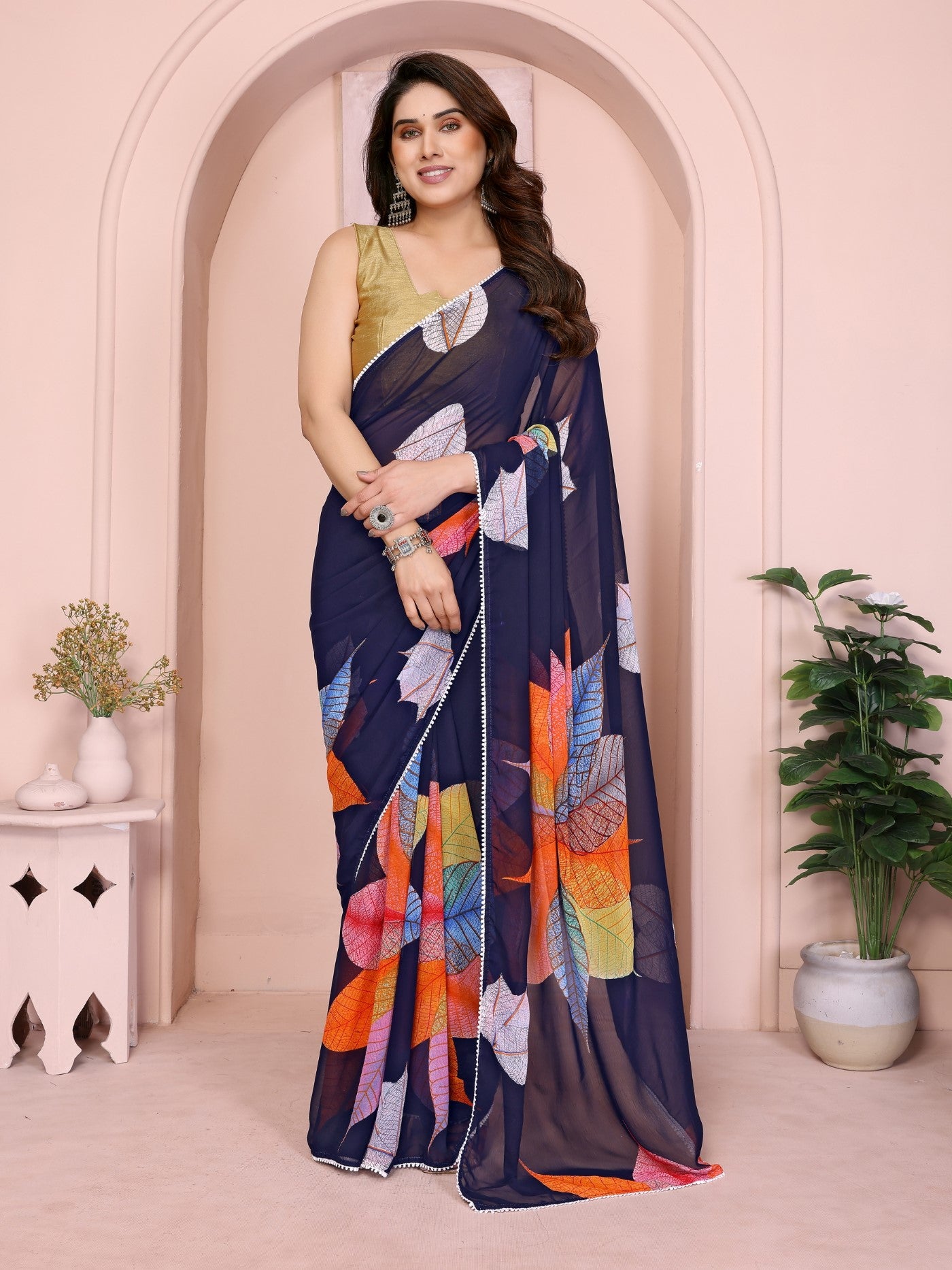Blue Georgette Ready-to-Wear Printed Saree with Lace