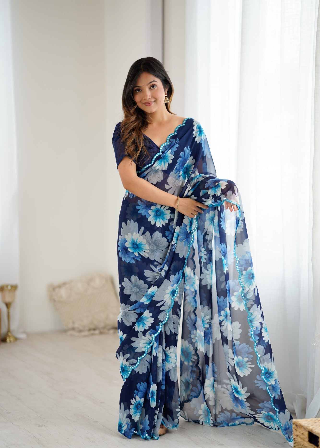 Blue Georgette Saree With Printed Design And Mirror Work
