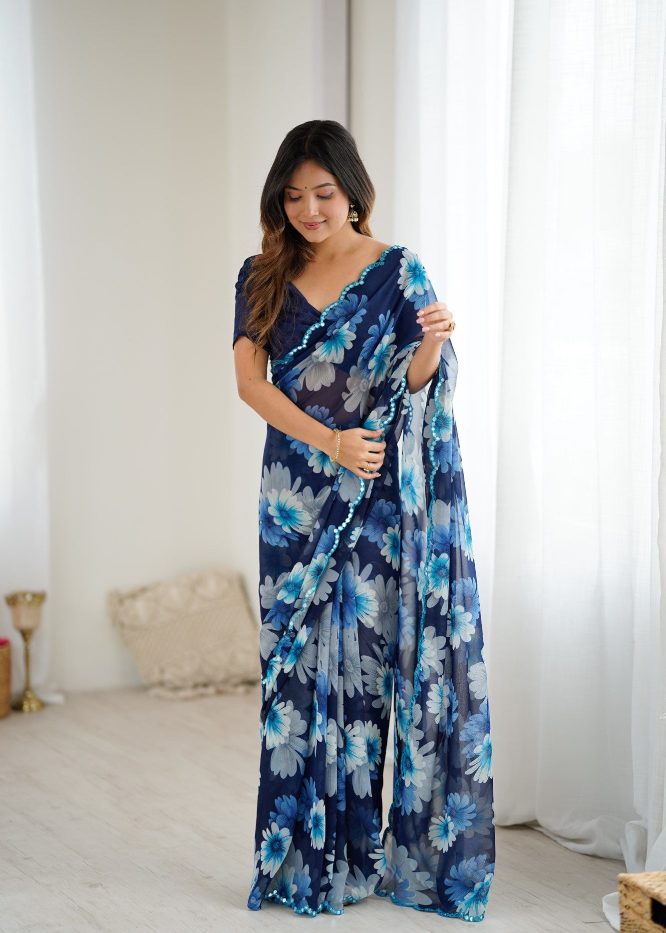 Blue Georgette Saree With Printed Design And Mirror Work