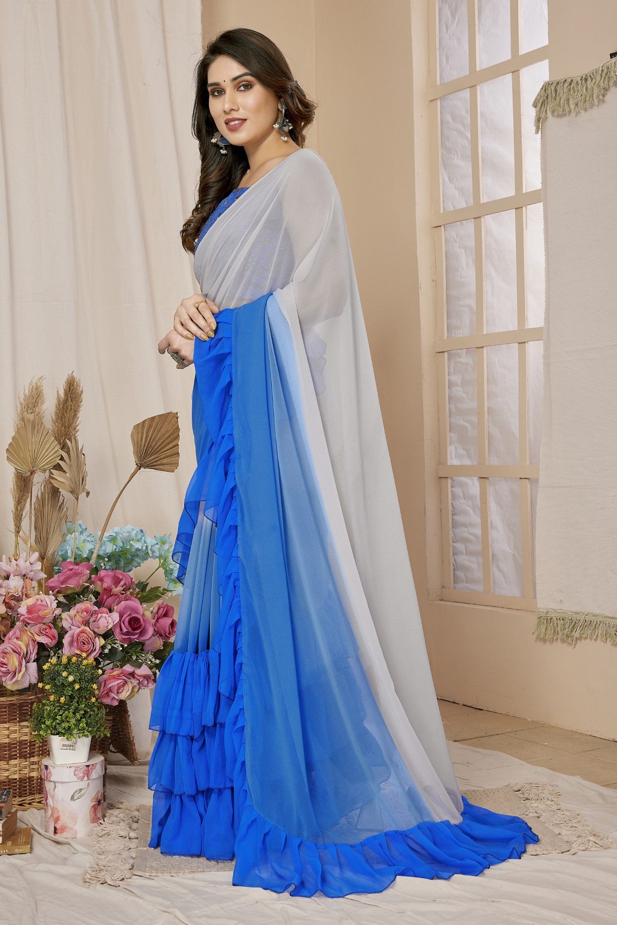Blue Georgette Saree With Ruffle Saree With Work Blouse
