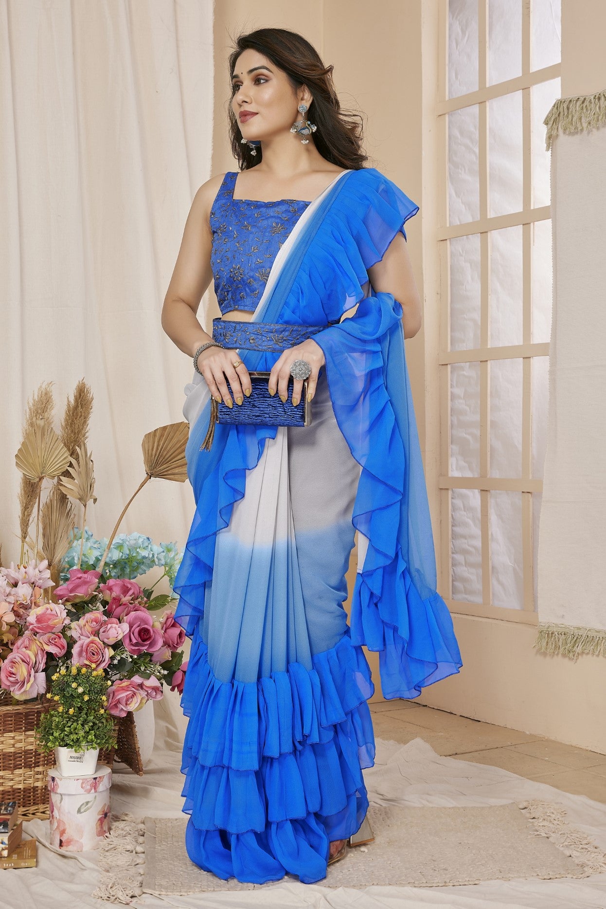 Blue Georgette Saree With Ruffle Saree With Work Blouse