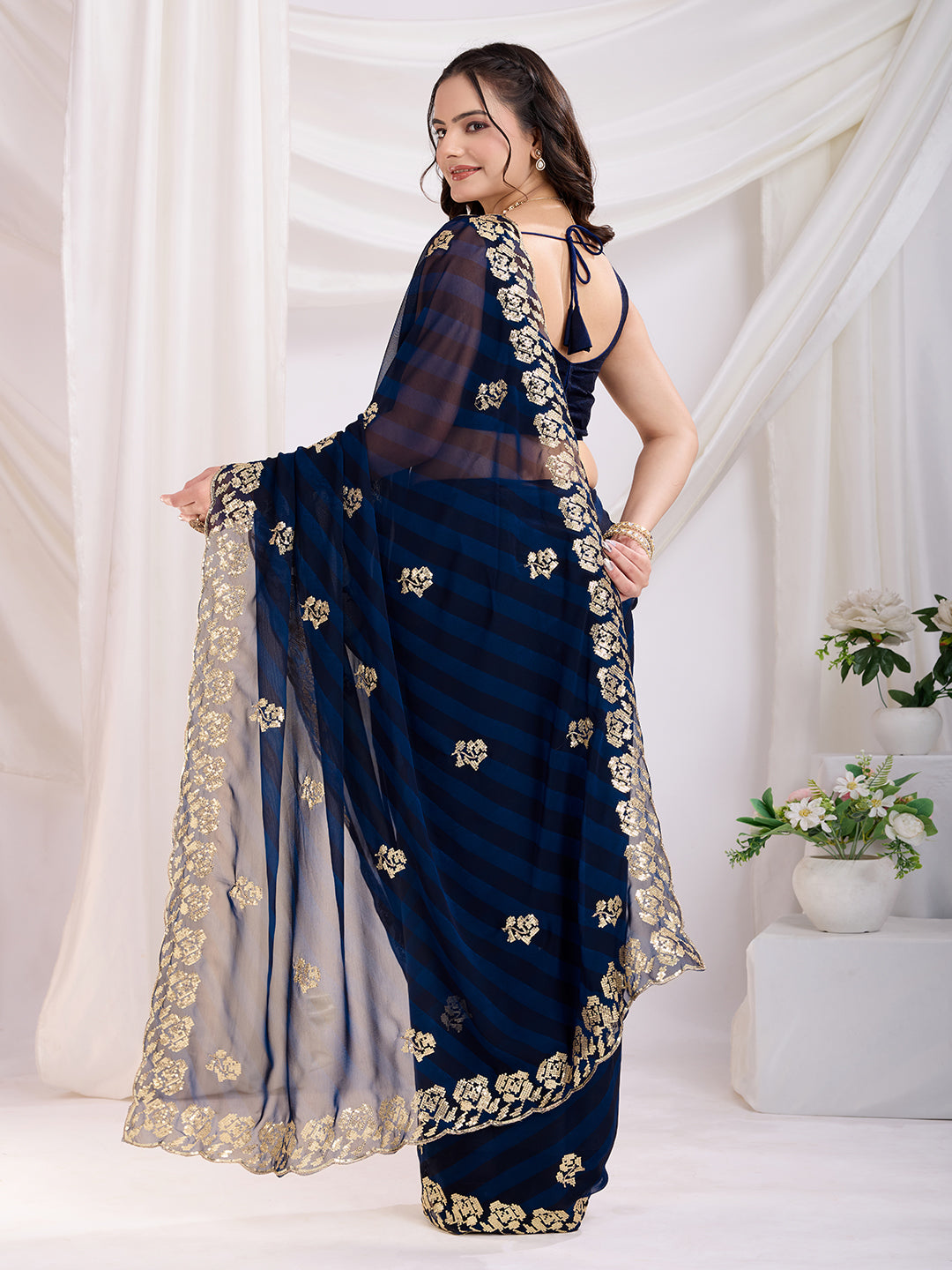 Blue Georgette Sequins Designer Bollywood Saree