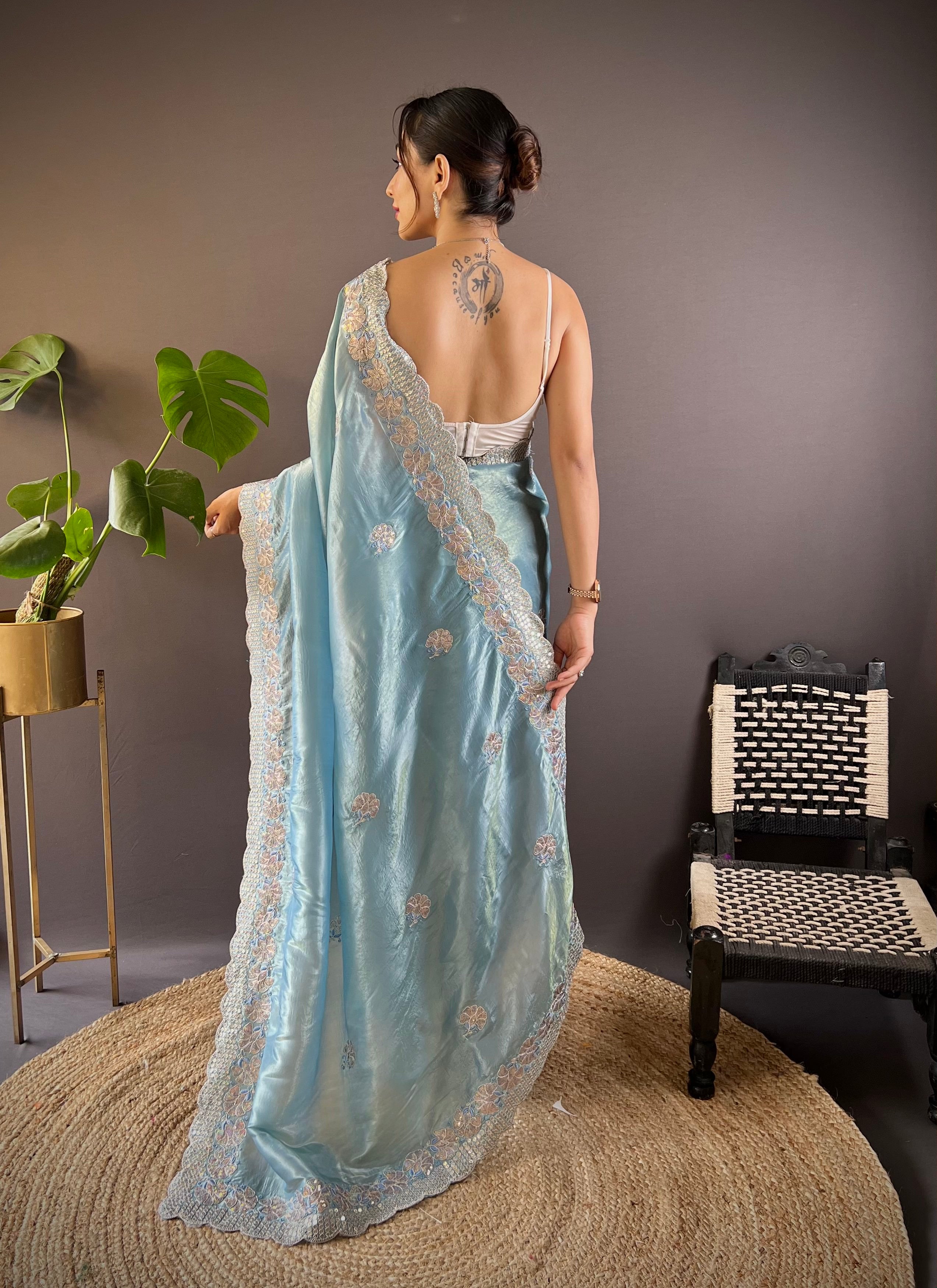 Blue Gold Crunchy Saree With Sequins Embroidery And Cut Work