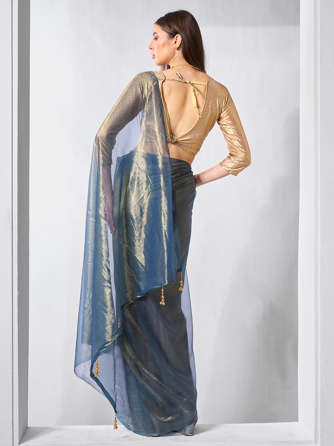 Blue Gold Tissue Net Solid Texture Saree With Graceful Gold Cotted