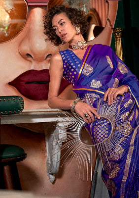 Blue Handloom Satin Saree With Jacquard Satin Handloom Woven Work