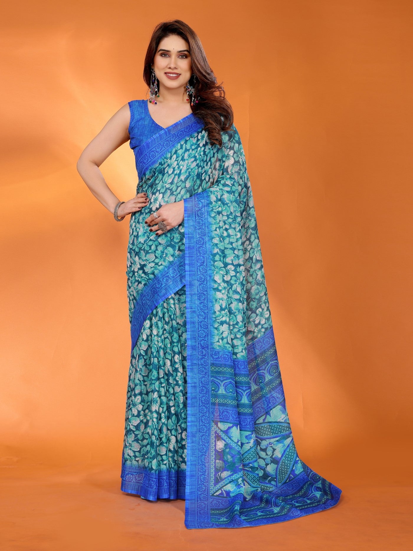 Blue Kota Doriya Saree With Printed Design