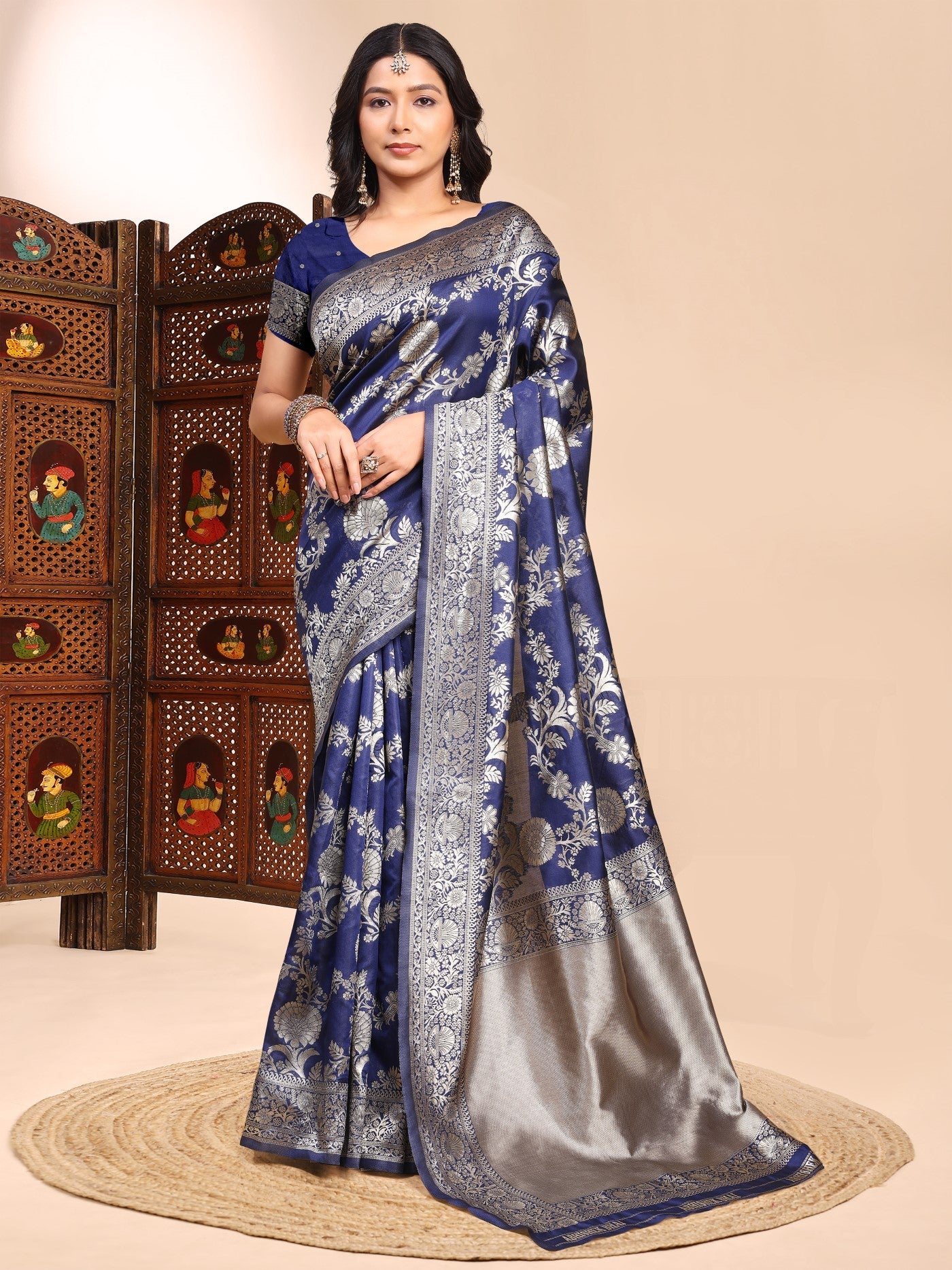 Blue Lichi Silk Saree With Premium Weaving