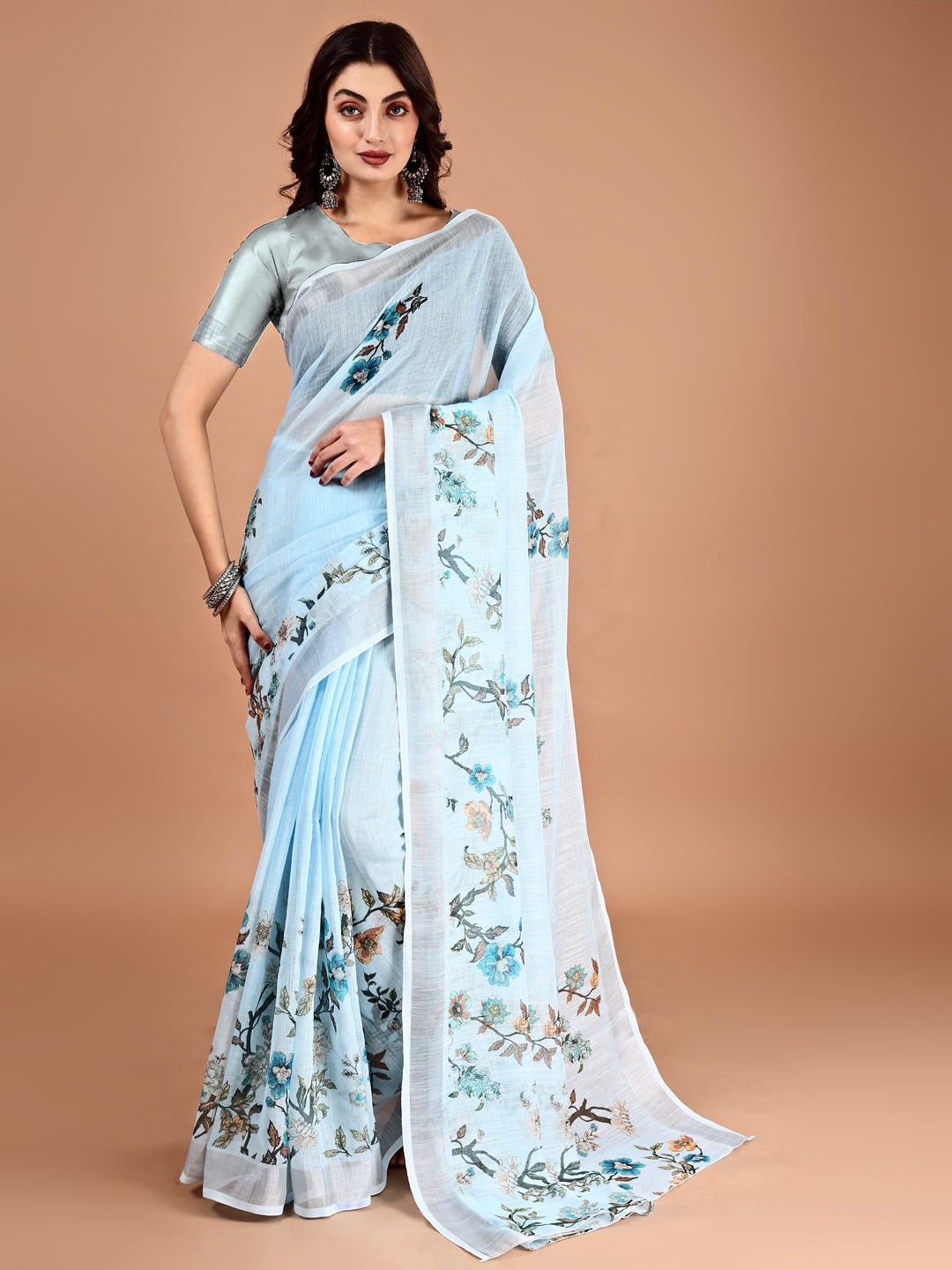 Blue Linen Casual Printed Saree