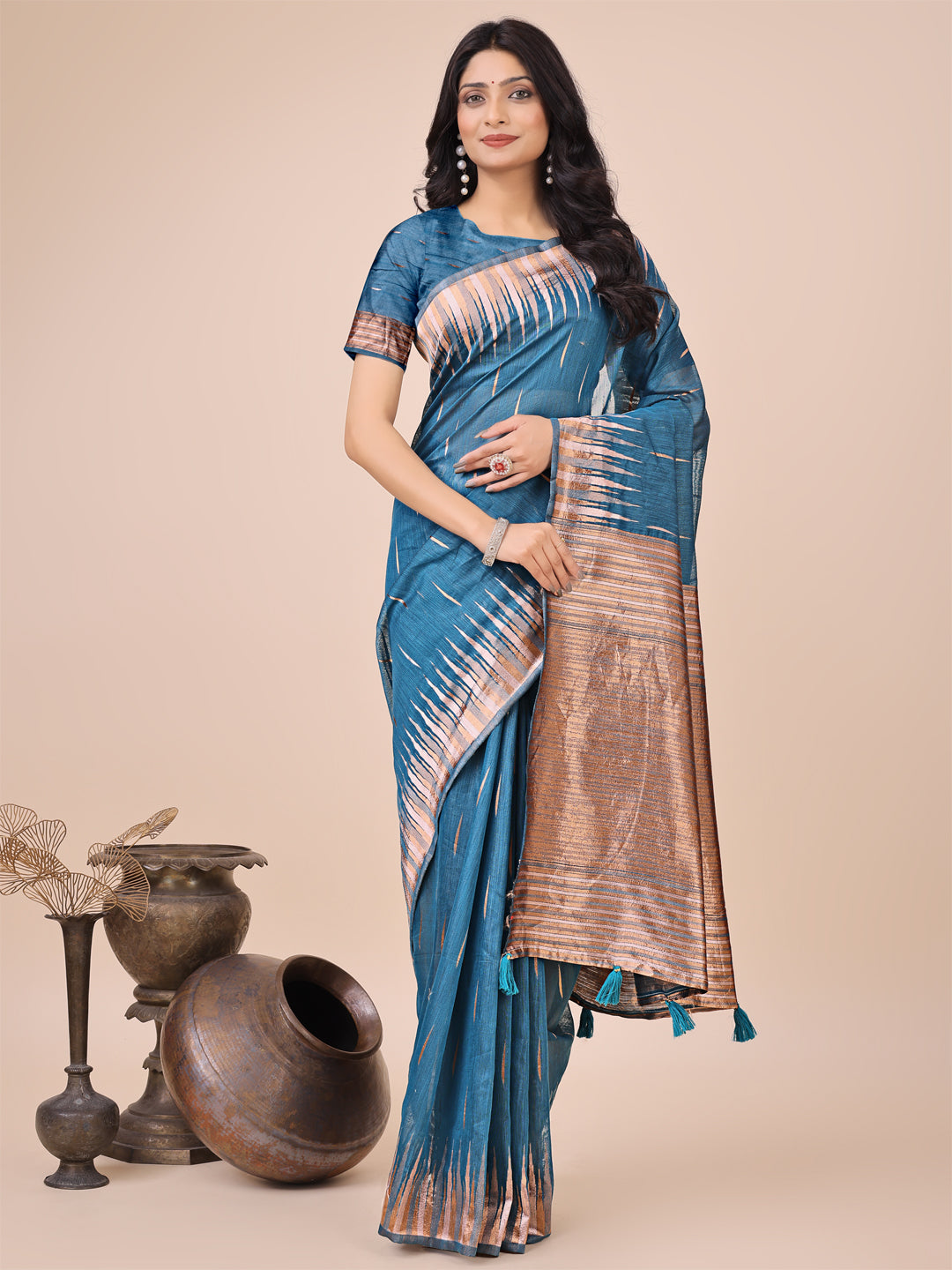 Blue Linen Cotton Woven Jacquard Designer Festive Wear Saree