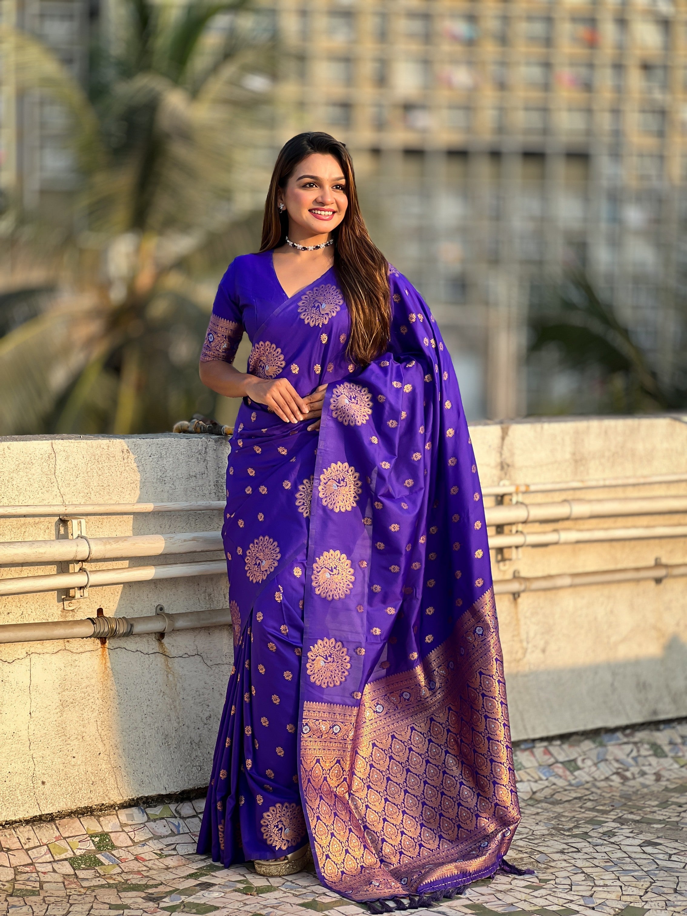 Blue Moonga Silk Woven Dual Jari Peacock Designer Heavy Festive Wear Saree