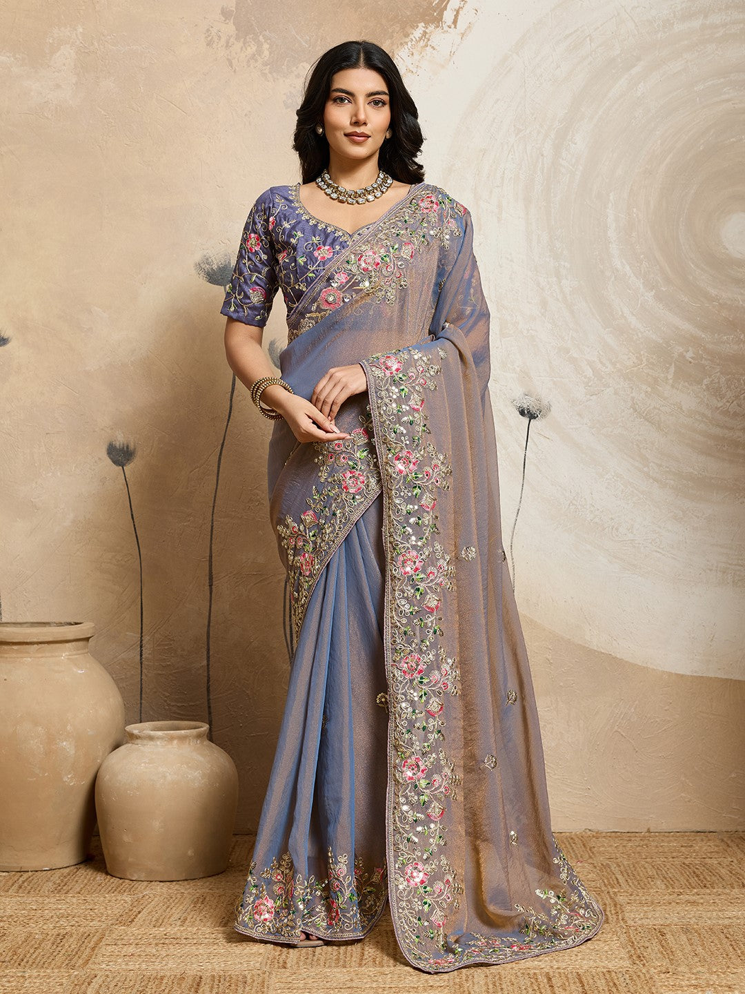 Blue Moss Chiffon Saree With Designer Embroidery