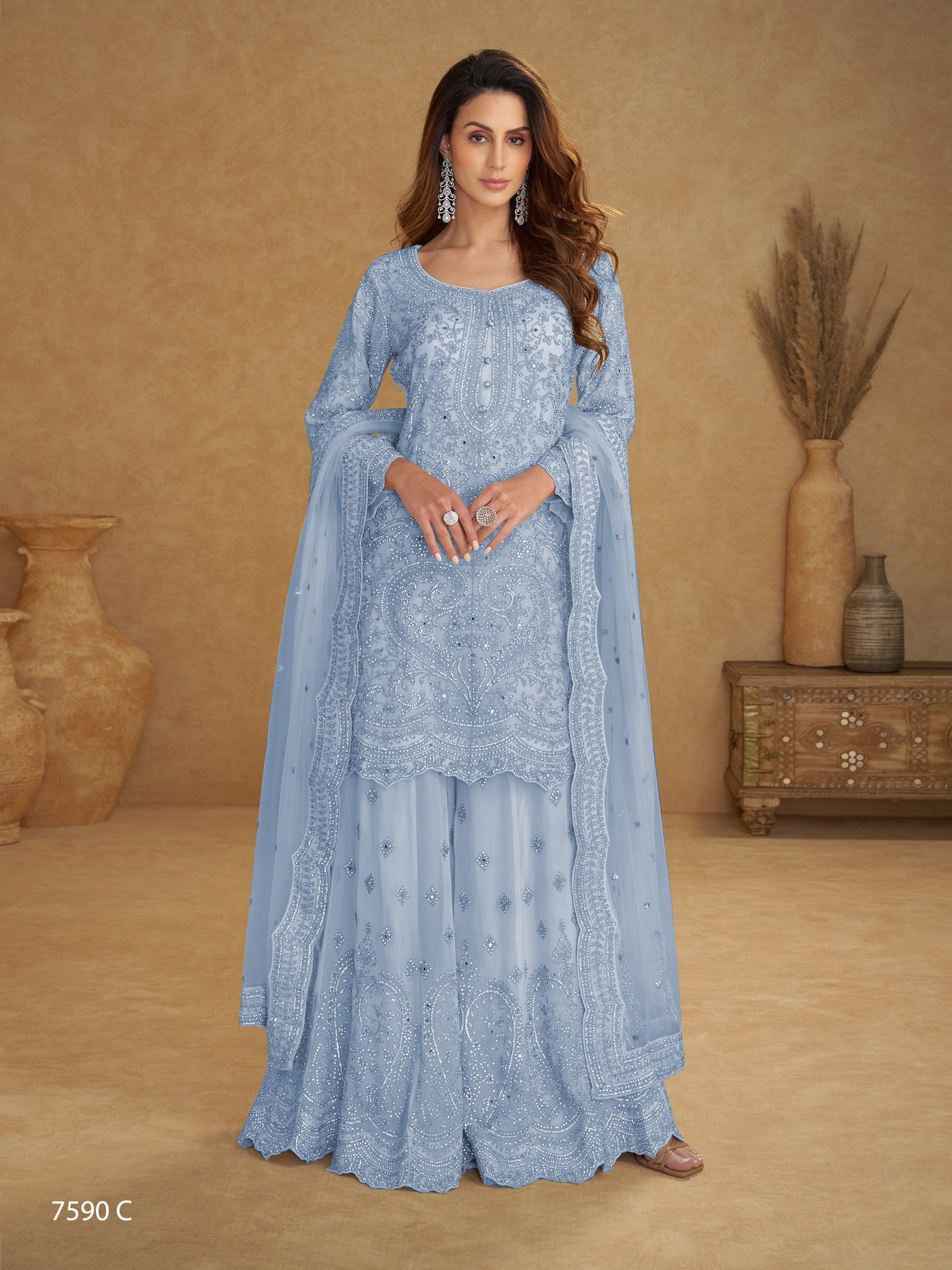 Blue Net Designer Suit Set With Intricate Embroidery
