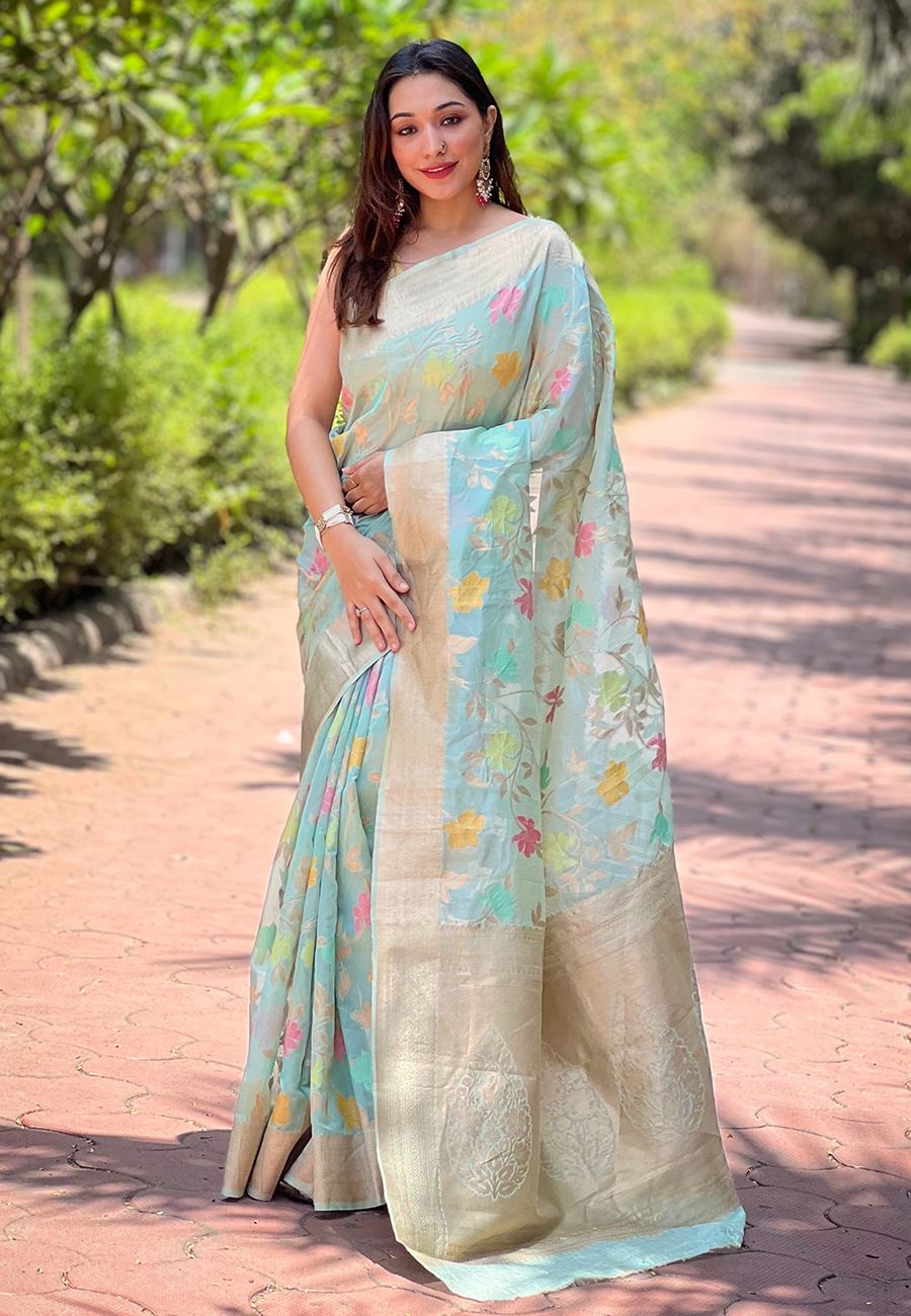 Blue Organza Saree With Woven Work