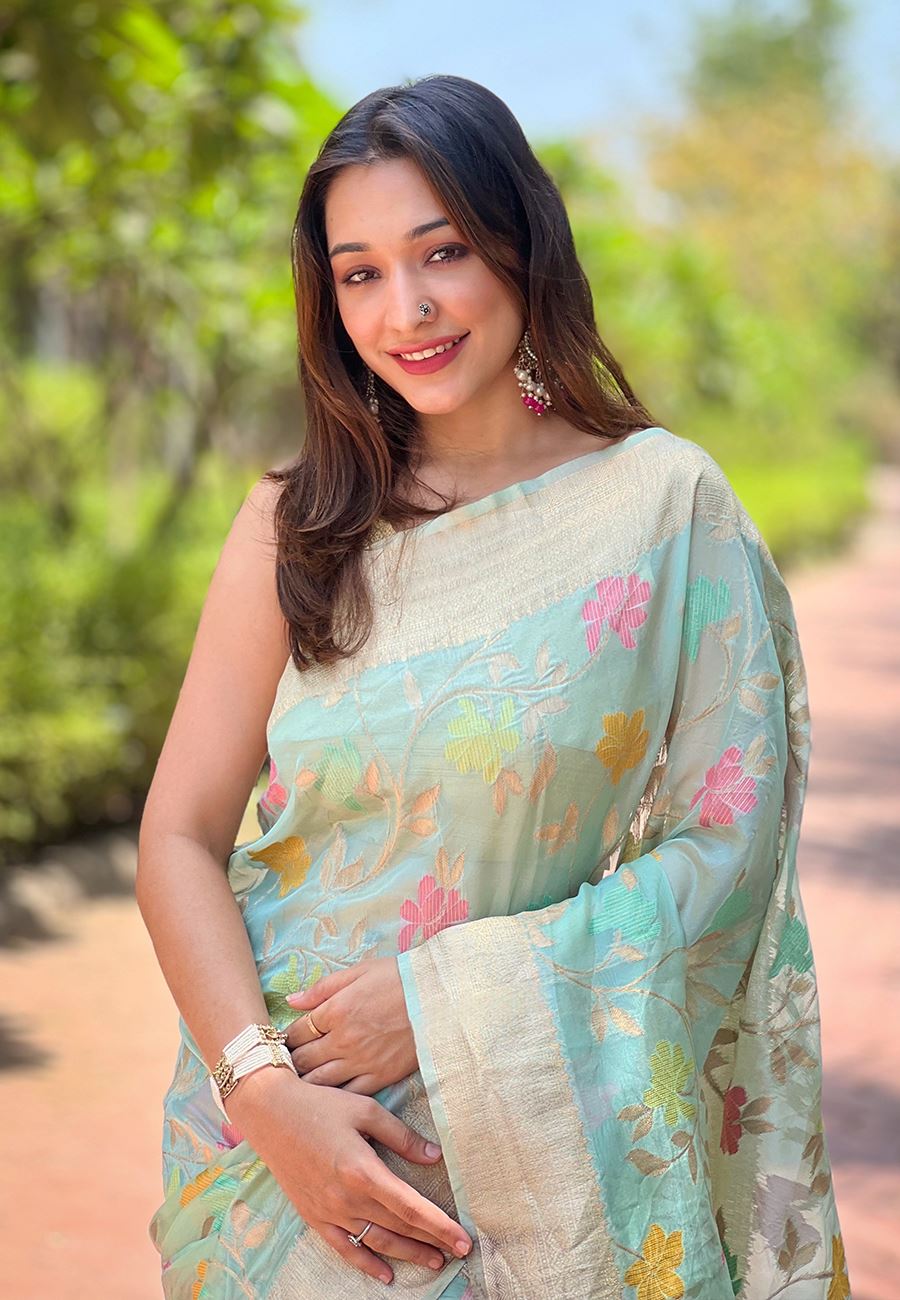 Blue Organza Saree With Woven Work