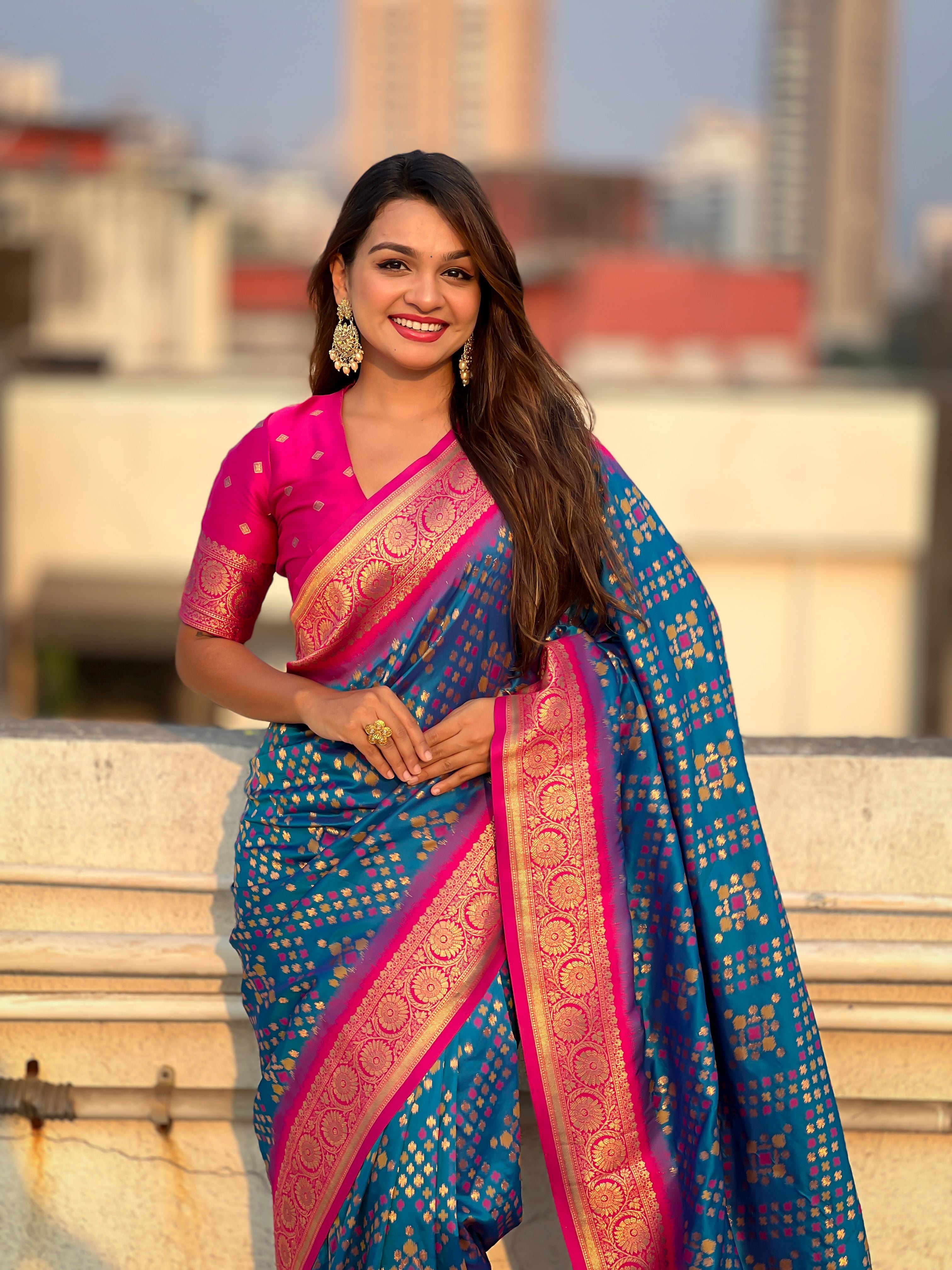 Blue Patola Silk Weaving Ikkat Meenakari Designer Graceful Ceremonial Saree