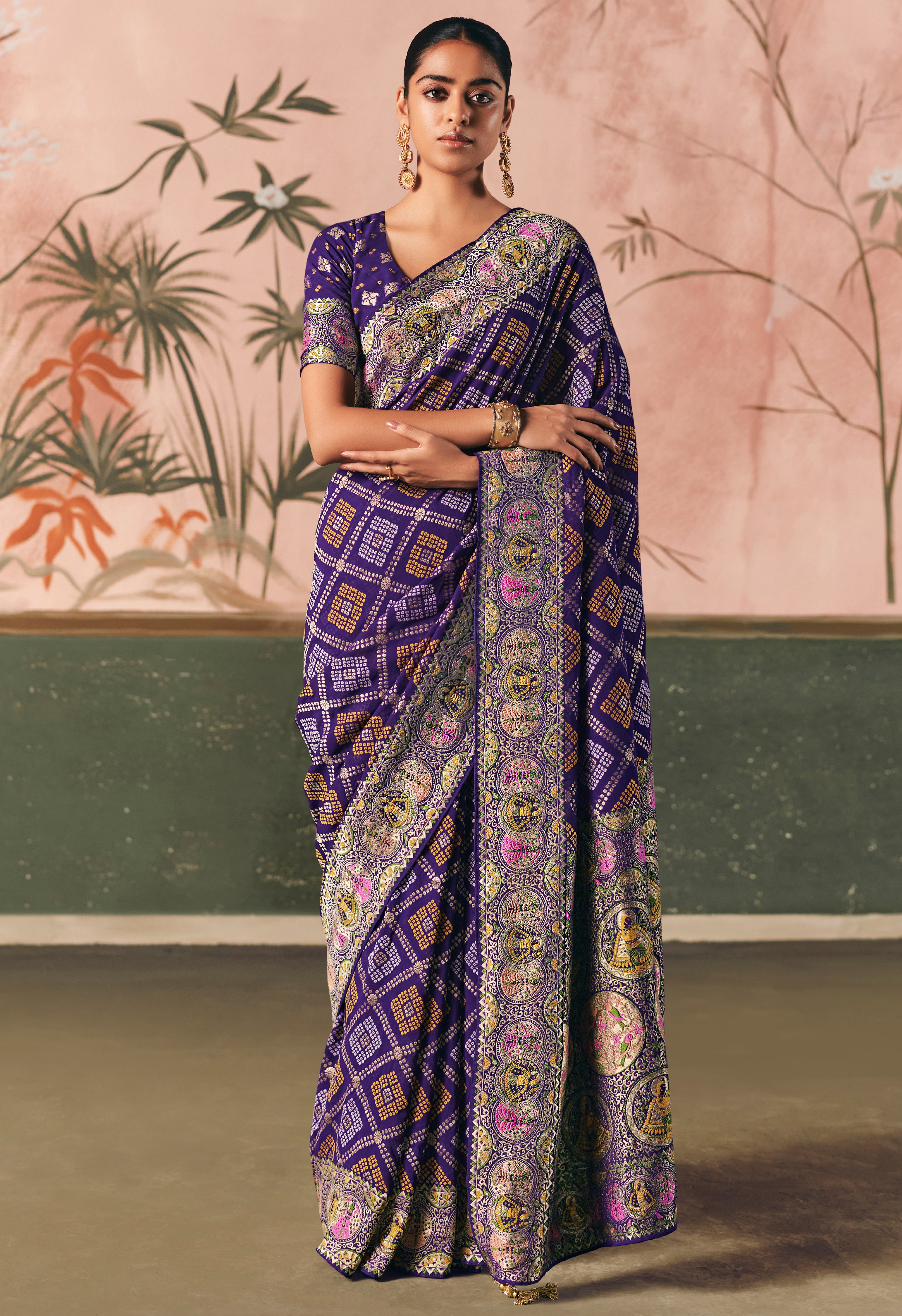 Blue Saree With Designer Bandhej Weaving Work With Beutifull Tassles Attached