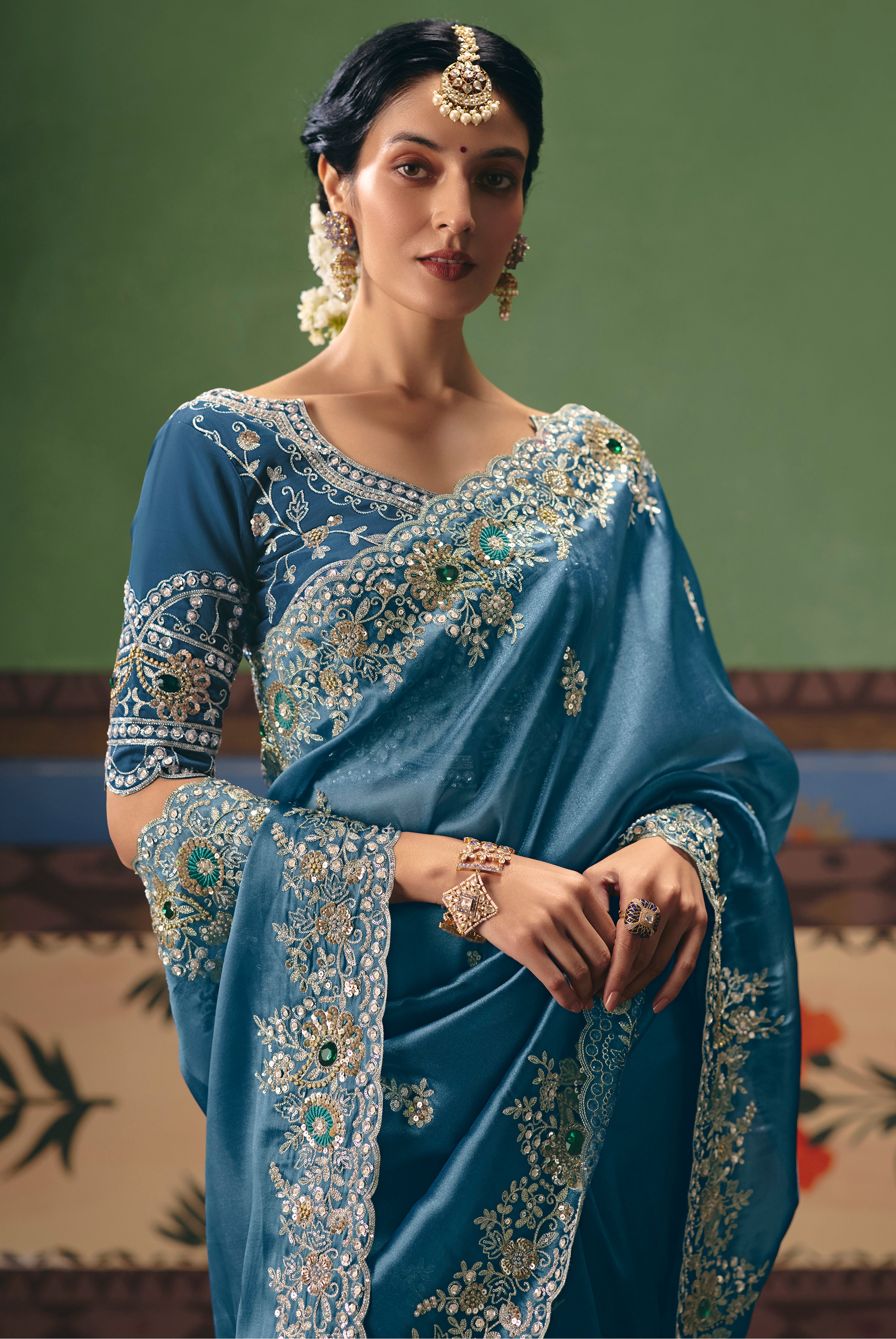 Blue Saree With Heavy Designer Embroidery, Sequince, Stone, Pearl With Beads Work