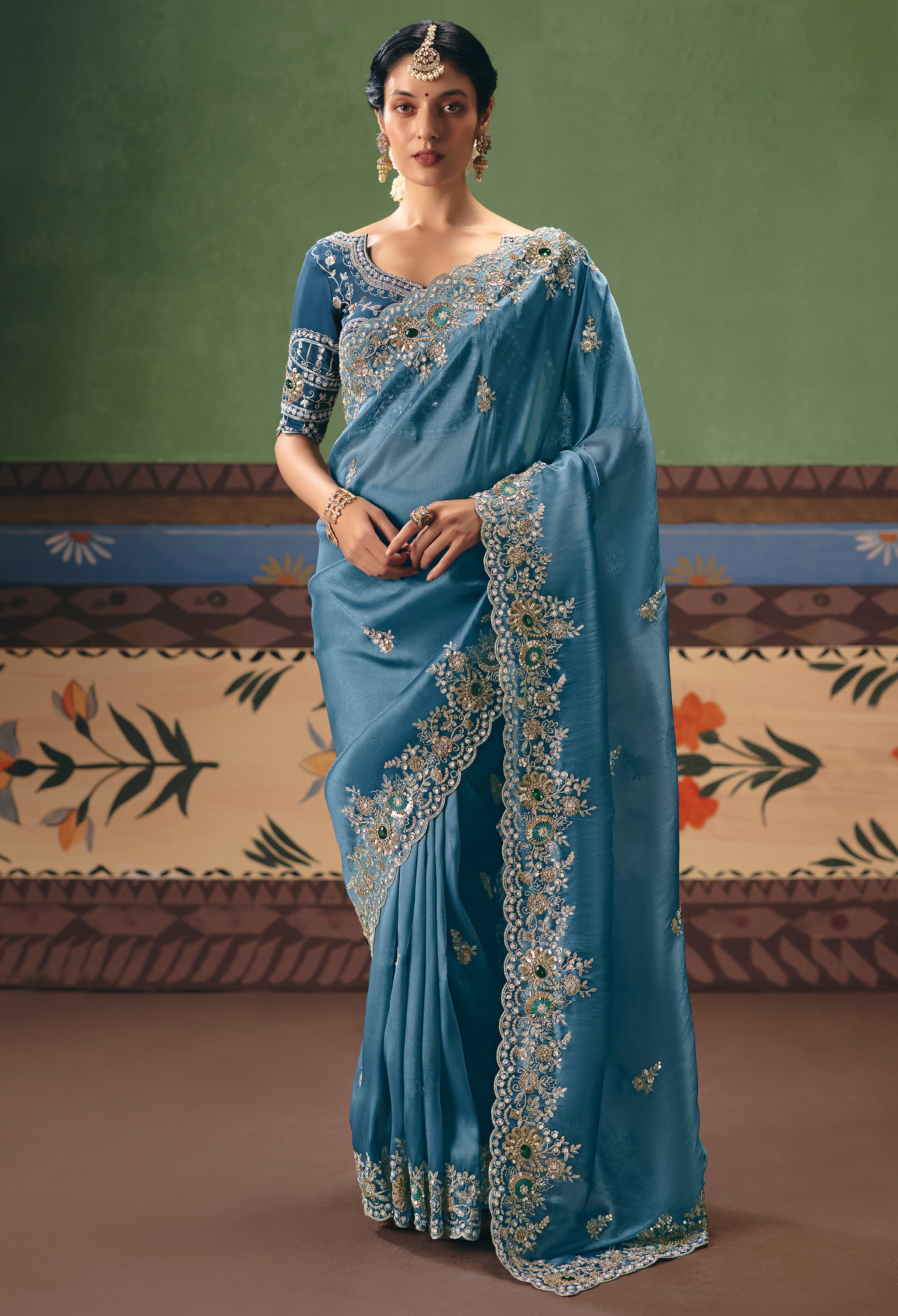 Blue Saree With Heavy Designer Embroidery, Sequince, Stone, Pearl With Beads Work