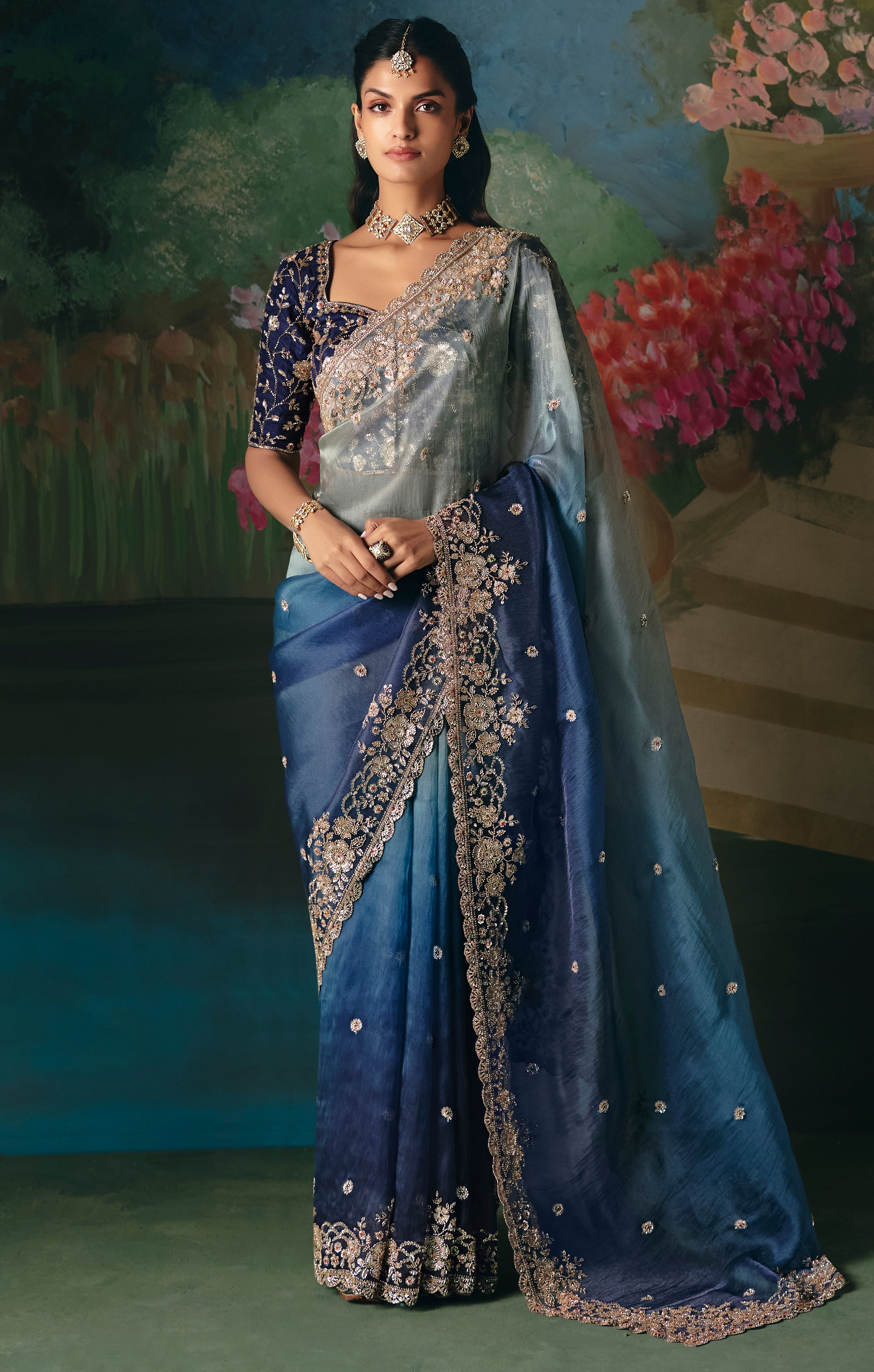 Blue Saree With Heavy Designer Embroidery, Sequince, Stone, With Beads Work