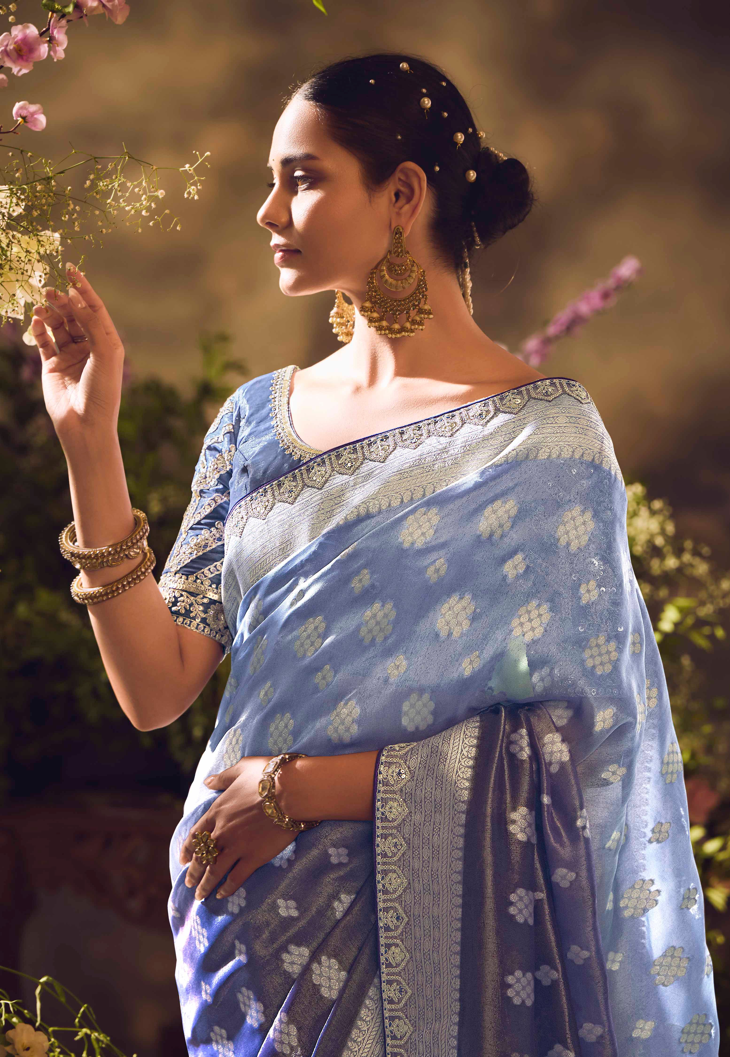 Blue Saree With Jacquard Woven Work with Embroidered Lace Border