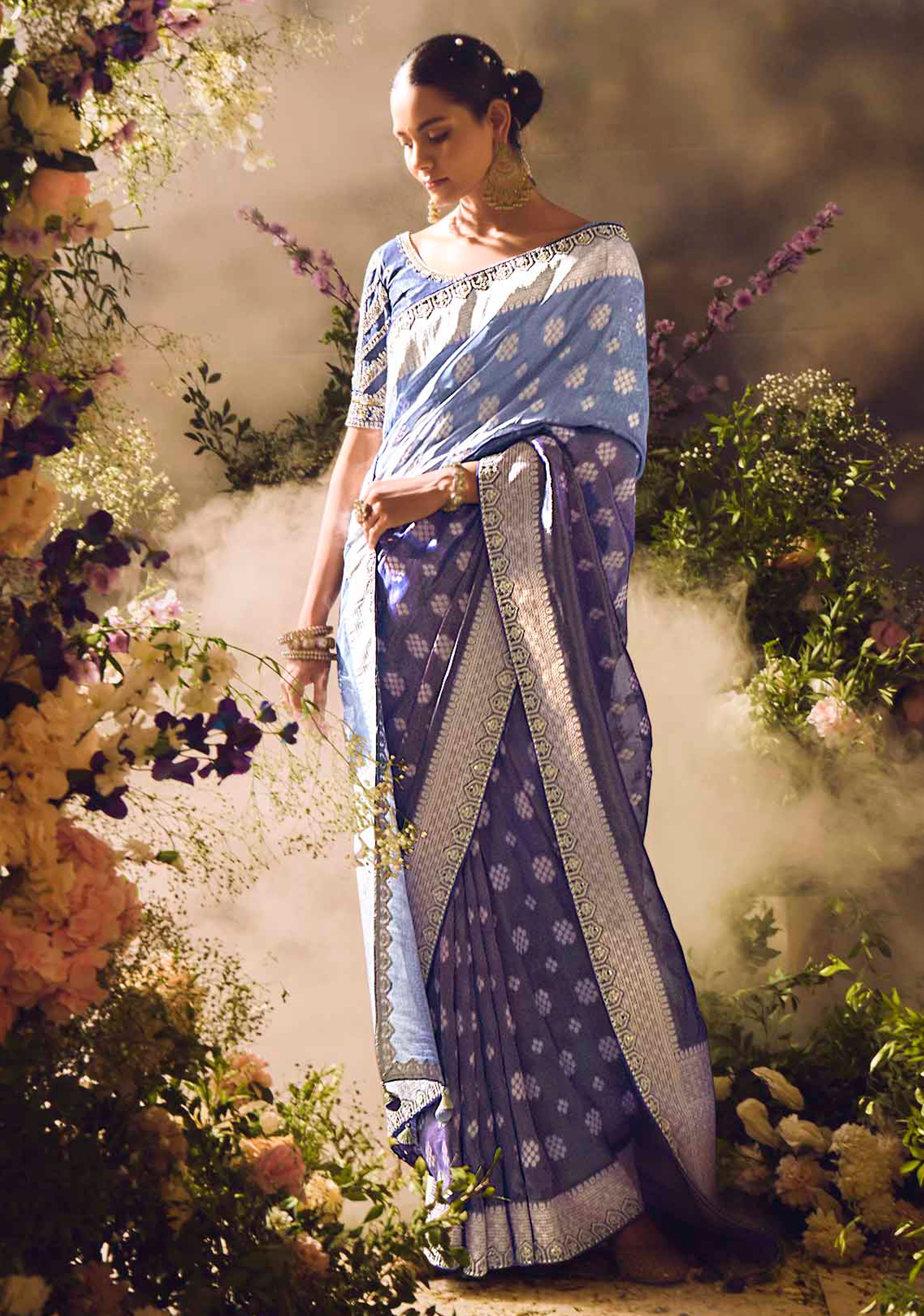 Blue Saree With Jacquard Woven Work with Embroidered Lace Border