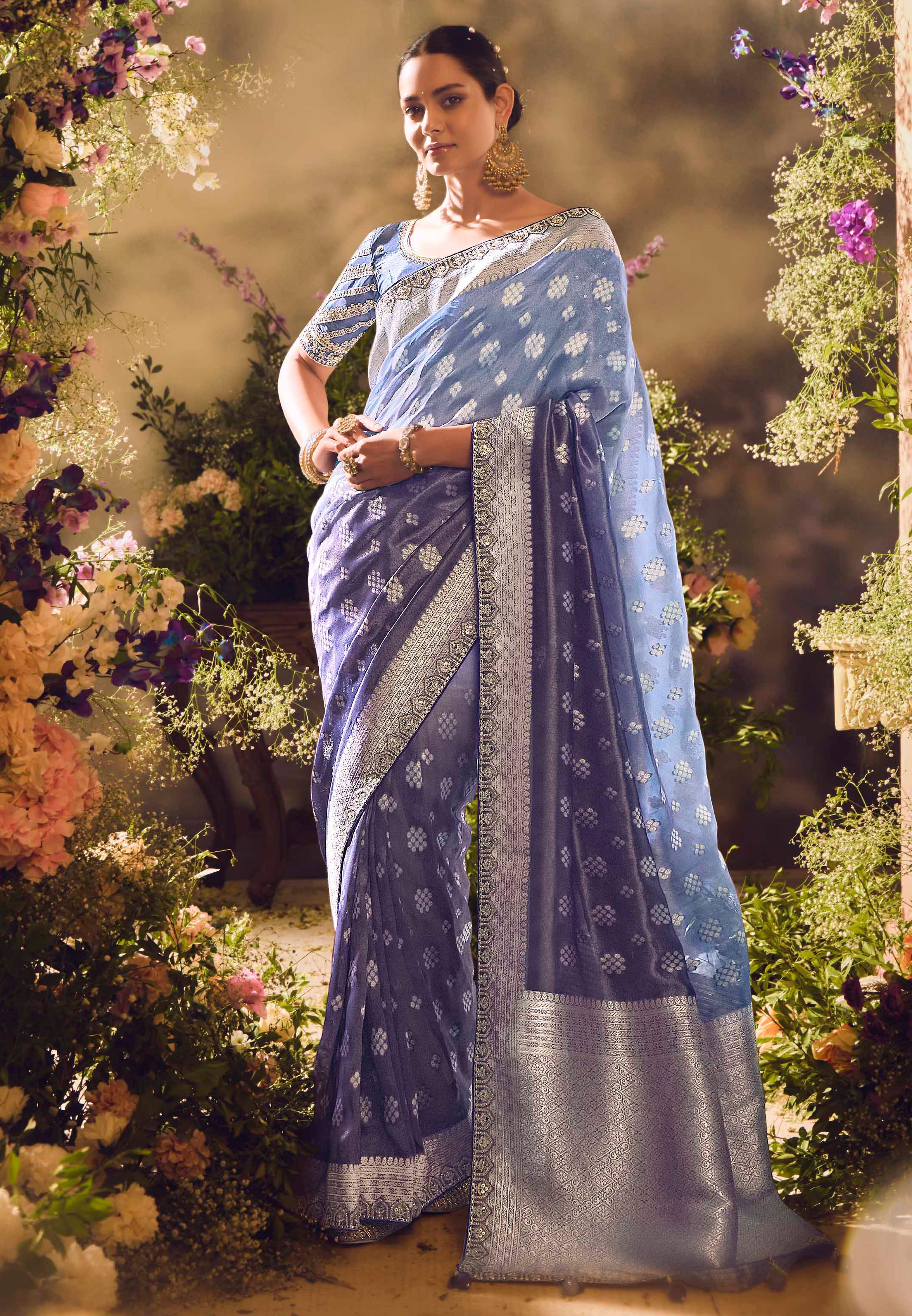 Blue Saree With Jacquard Woven Work with Embroidered Lace Border