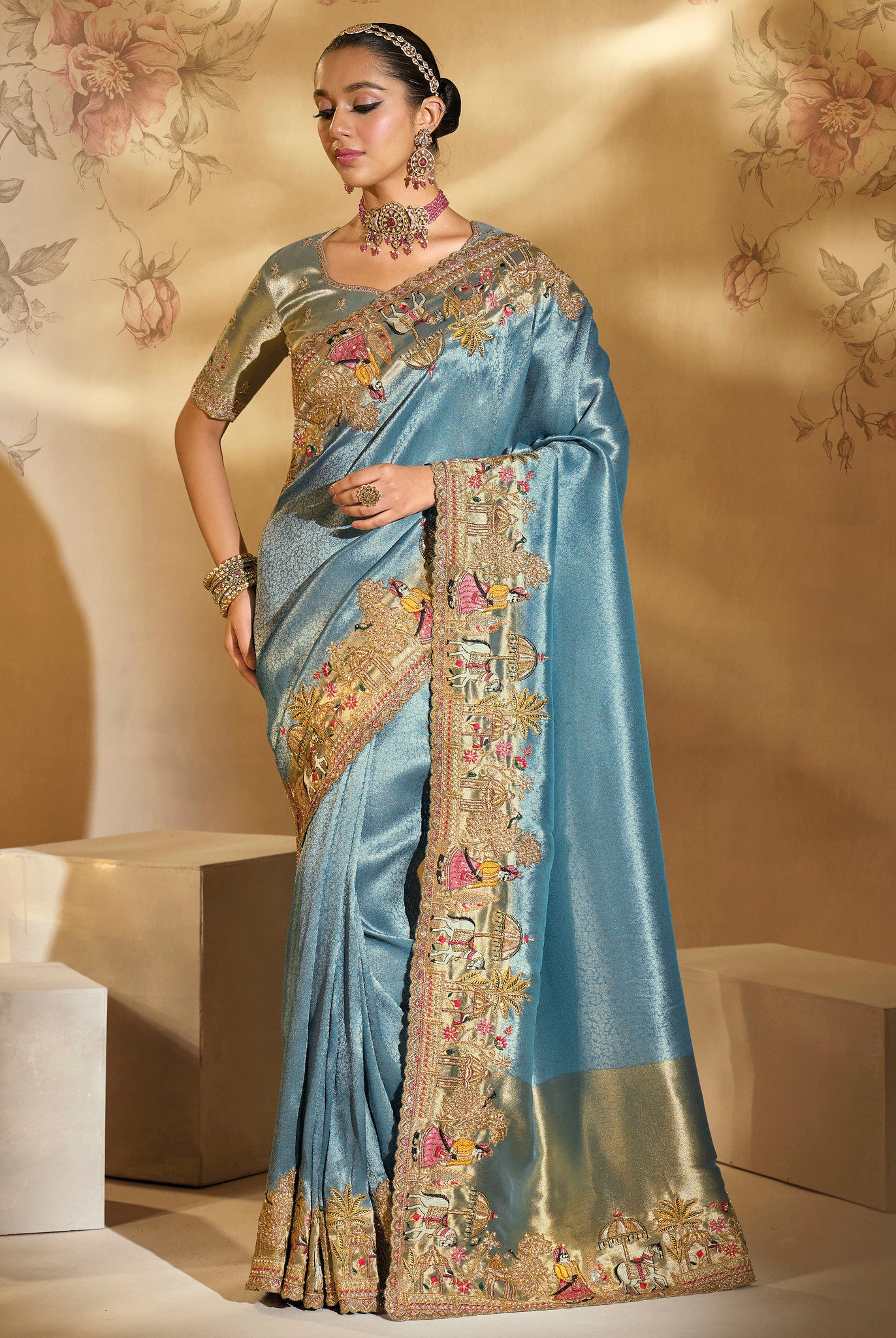 Blue Saree With Jari, Thread, Cut-Dana With Moti Heavy Work