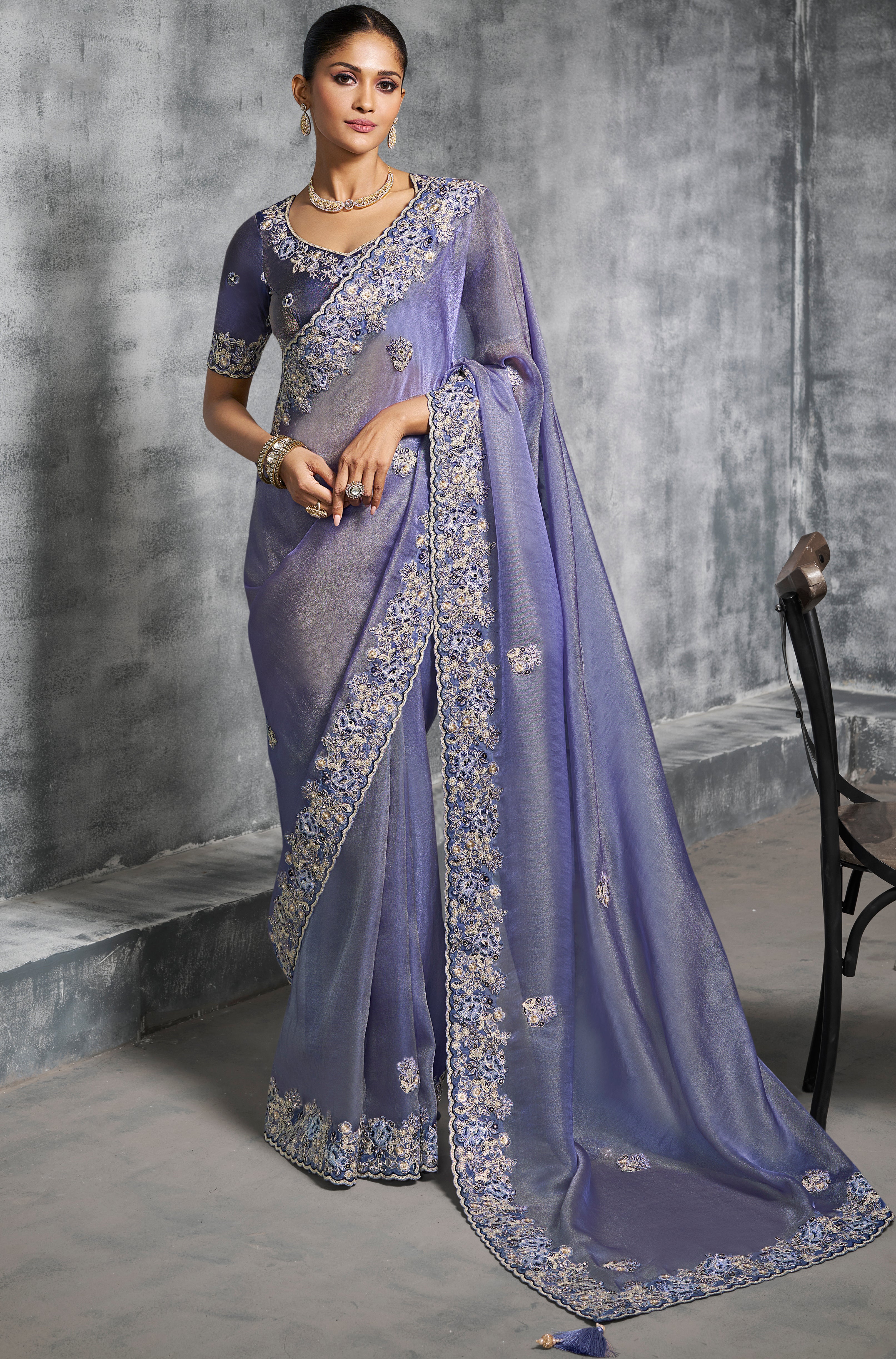 Blue Saree With Thread Embroidery Work ,Hand-Finished Stone & Mirror work With Embroidery Blouse
