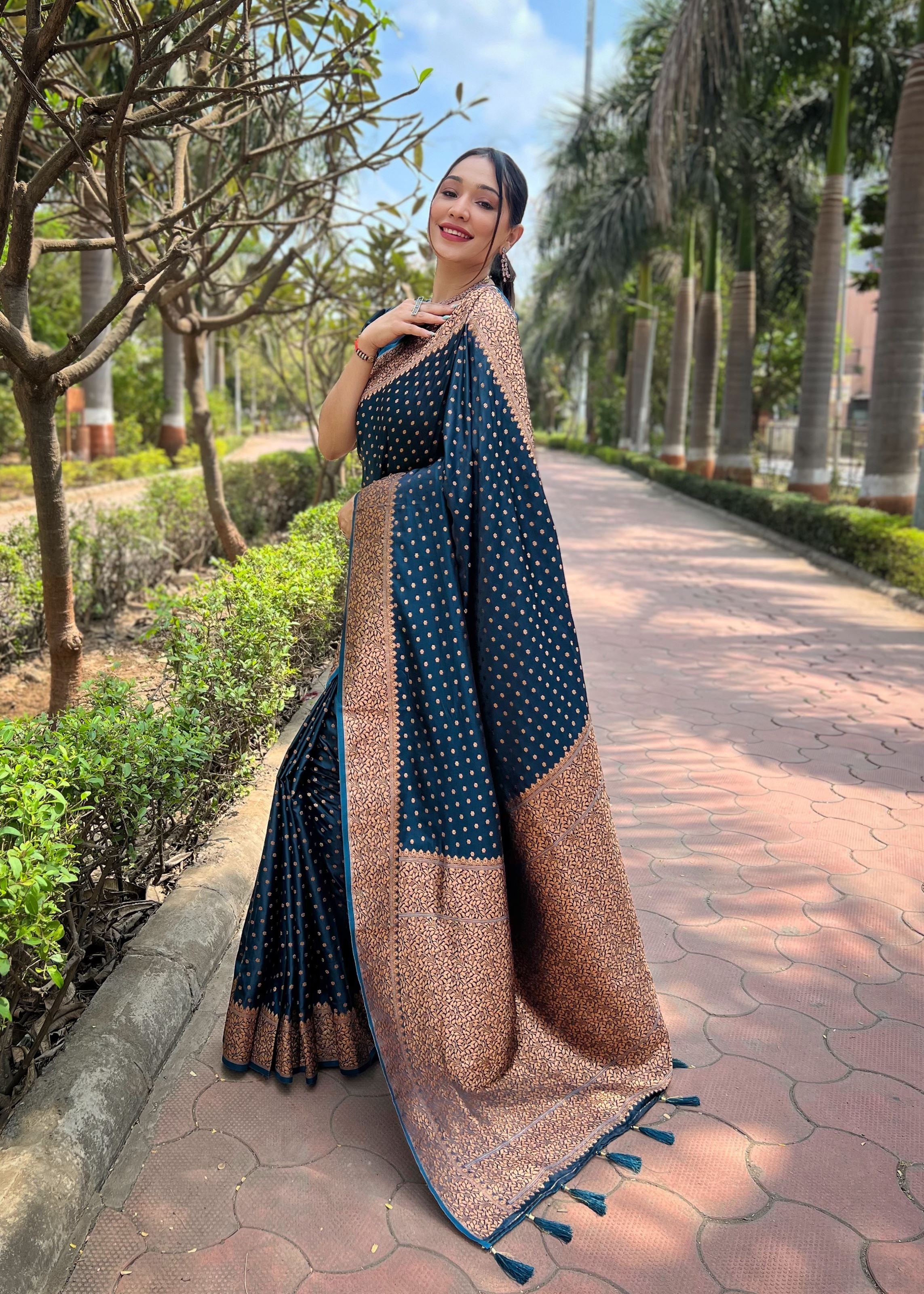 Blue Satin Saree With Woven Work