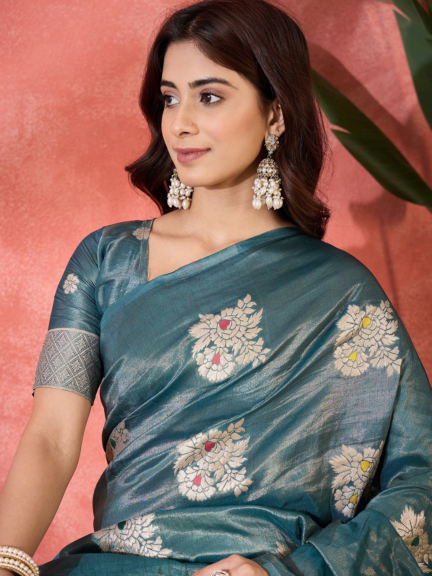 Blue Shimmer Silk Woven Jacquard Designer Traditional Partywear Saree
