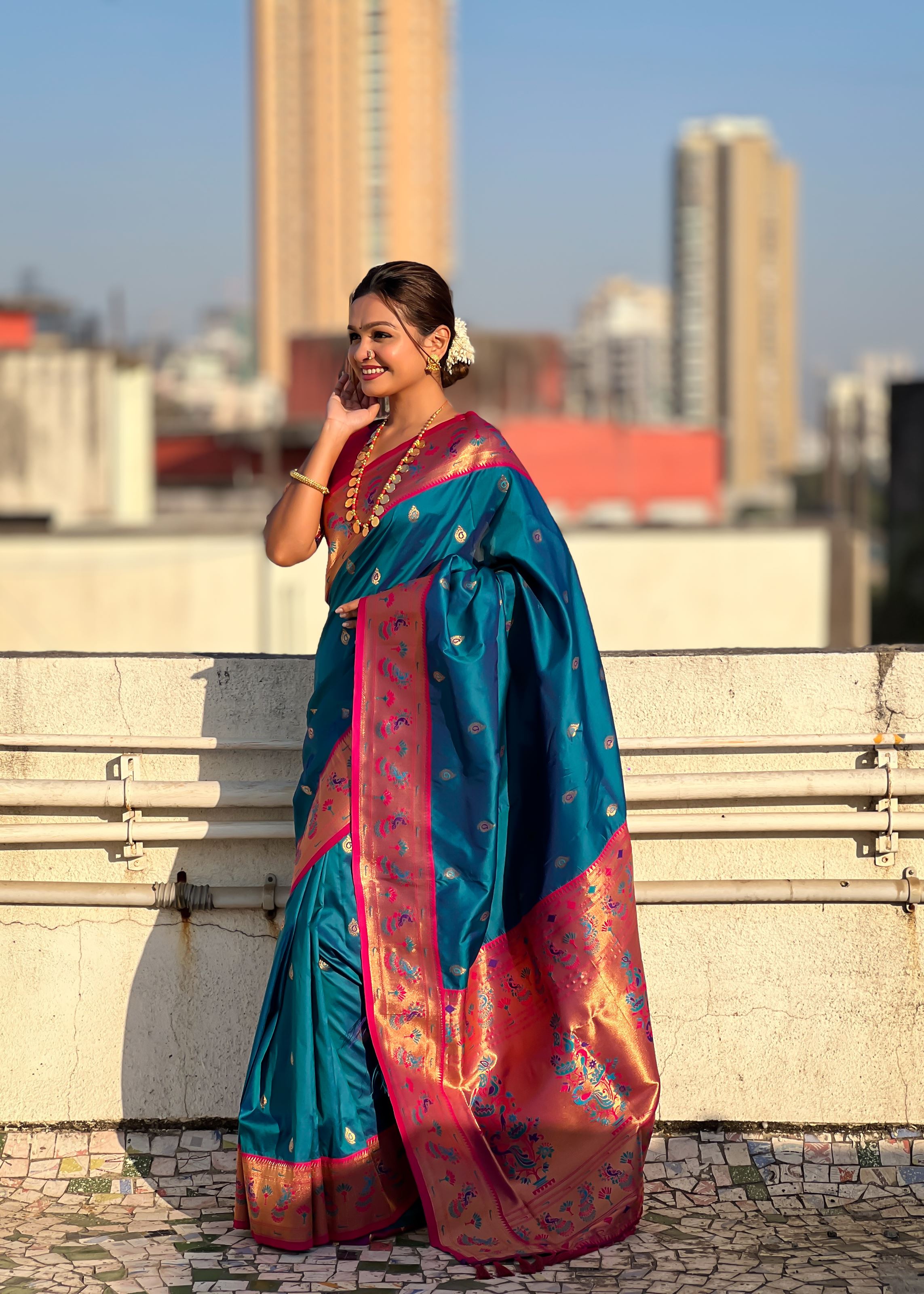 Blue Silk Blend Paithani Saree
