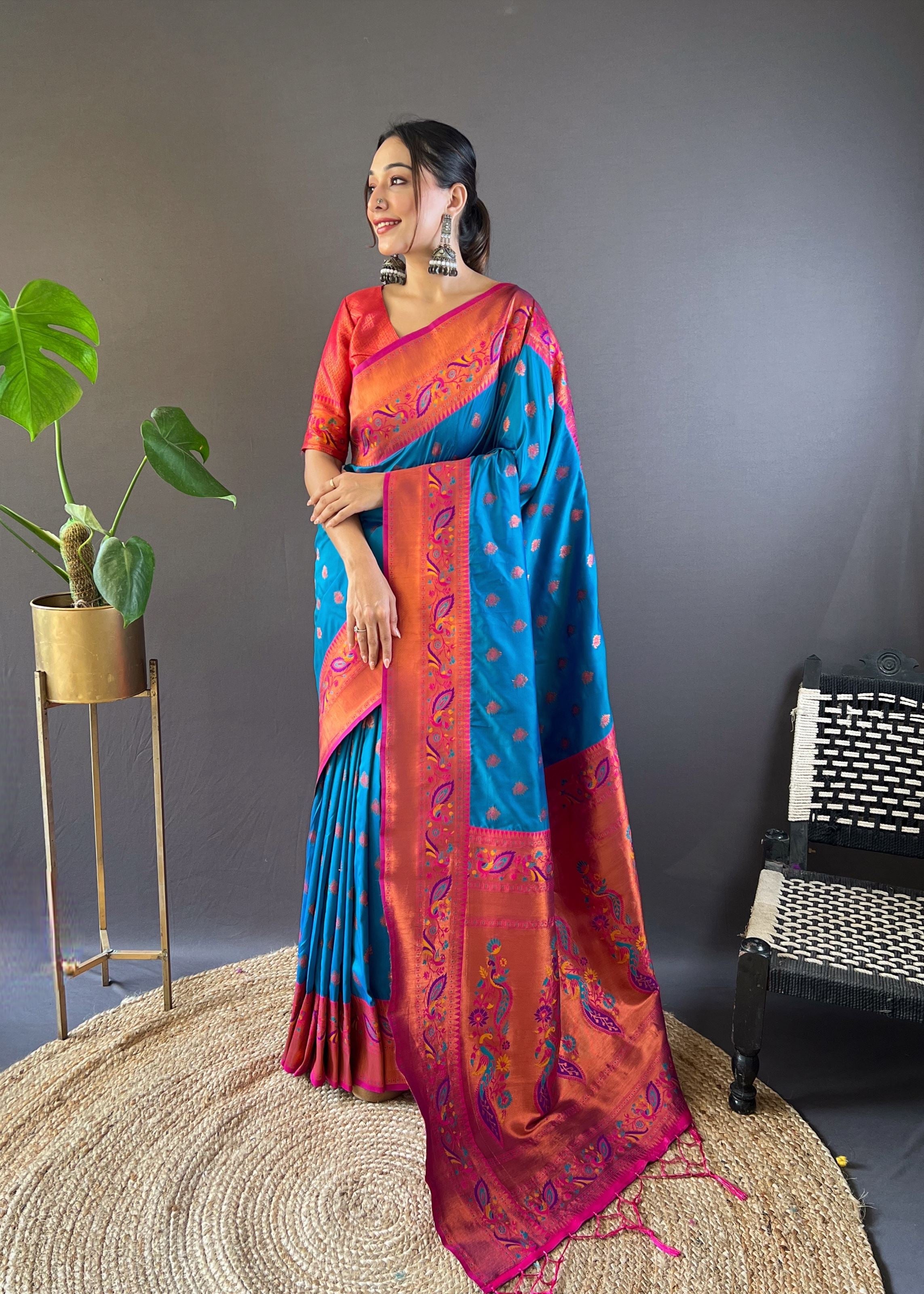 Blue Silk Blend Paithani Saree
