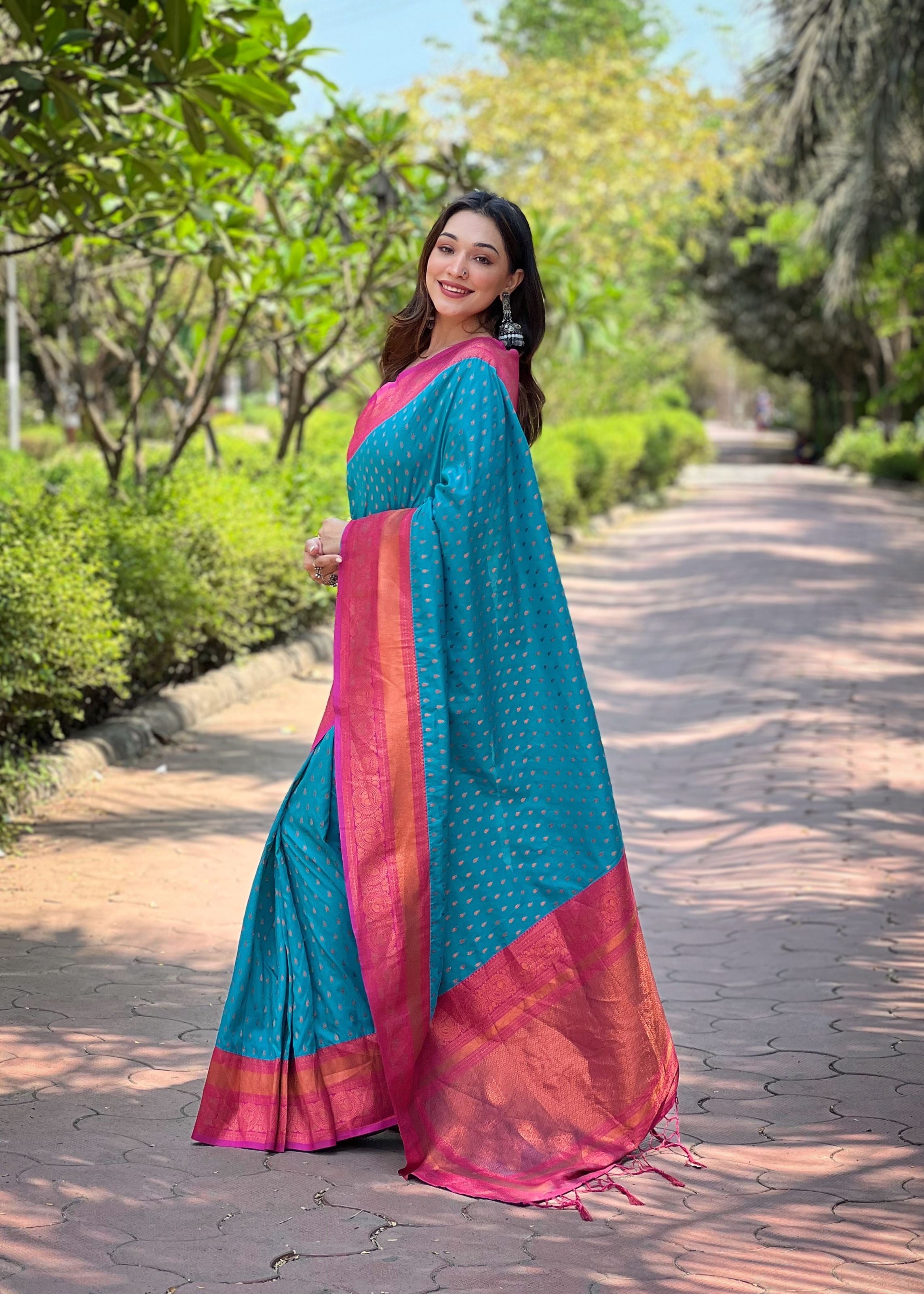 Blue Silk Blend Saree With Woven Work