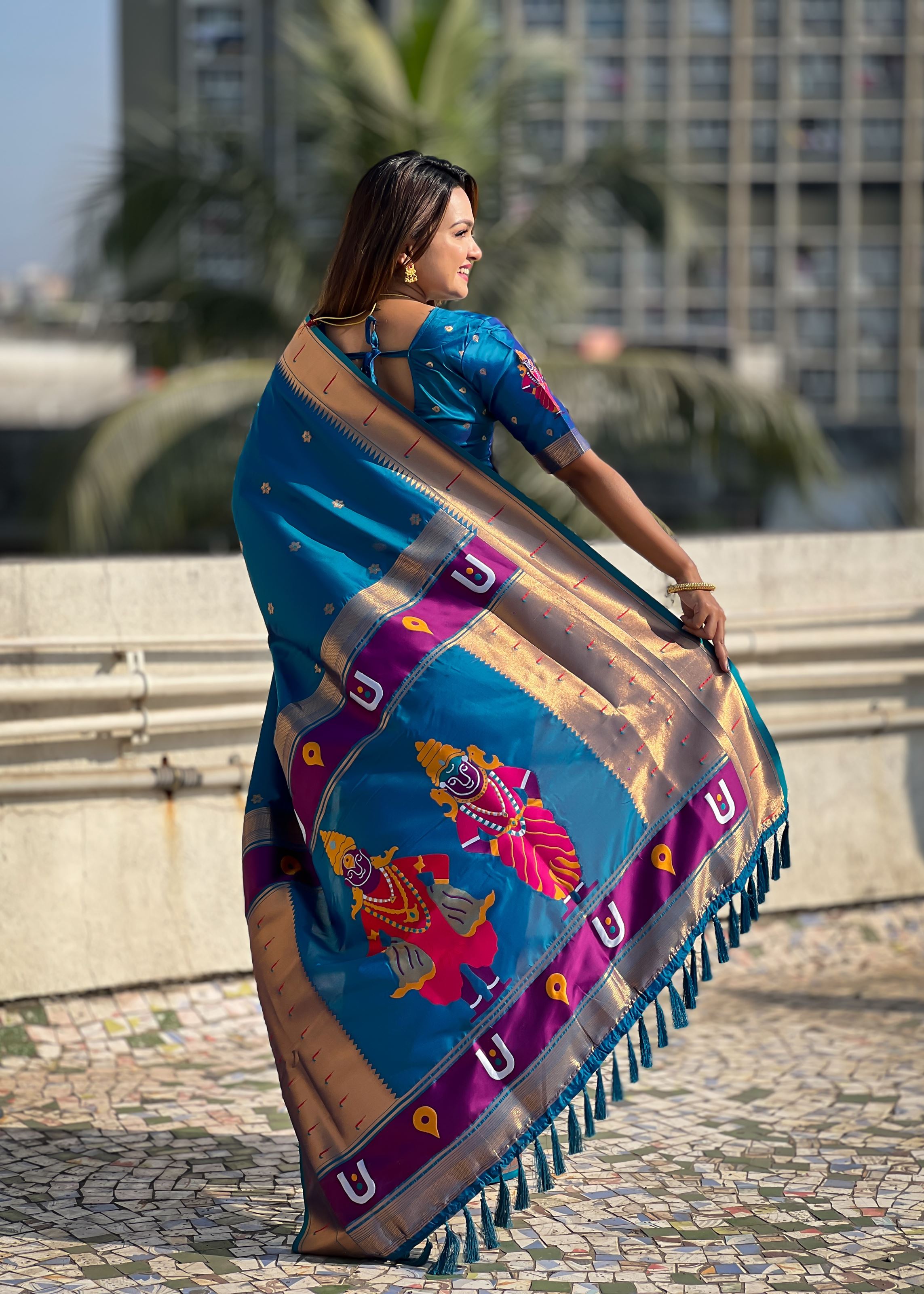 Blue Silk Blend Vitthala God Paithani Silk Saree