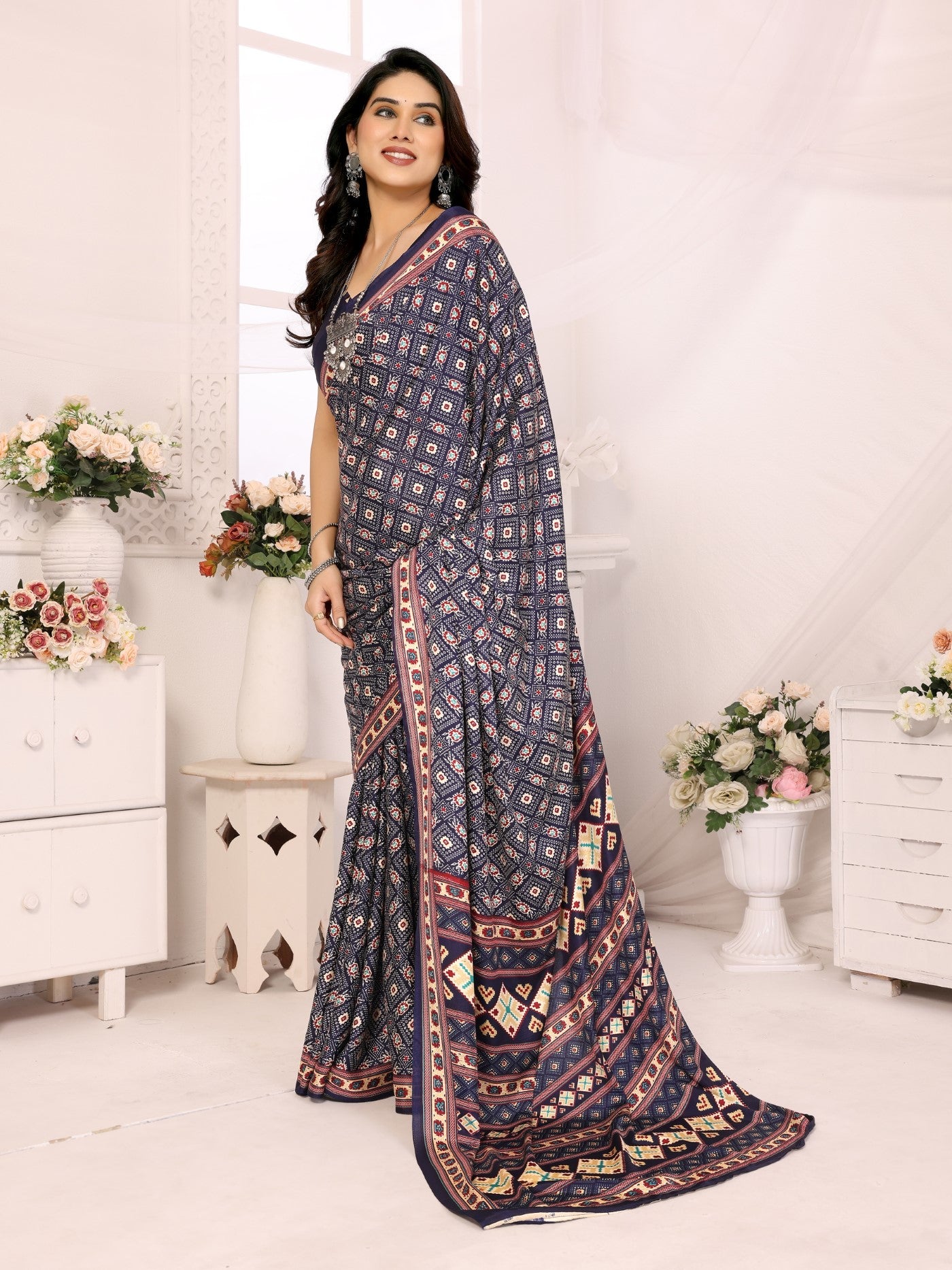 Blue Silk Crepe Saree with Print
