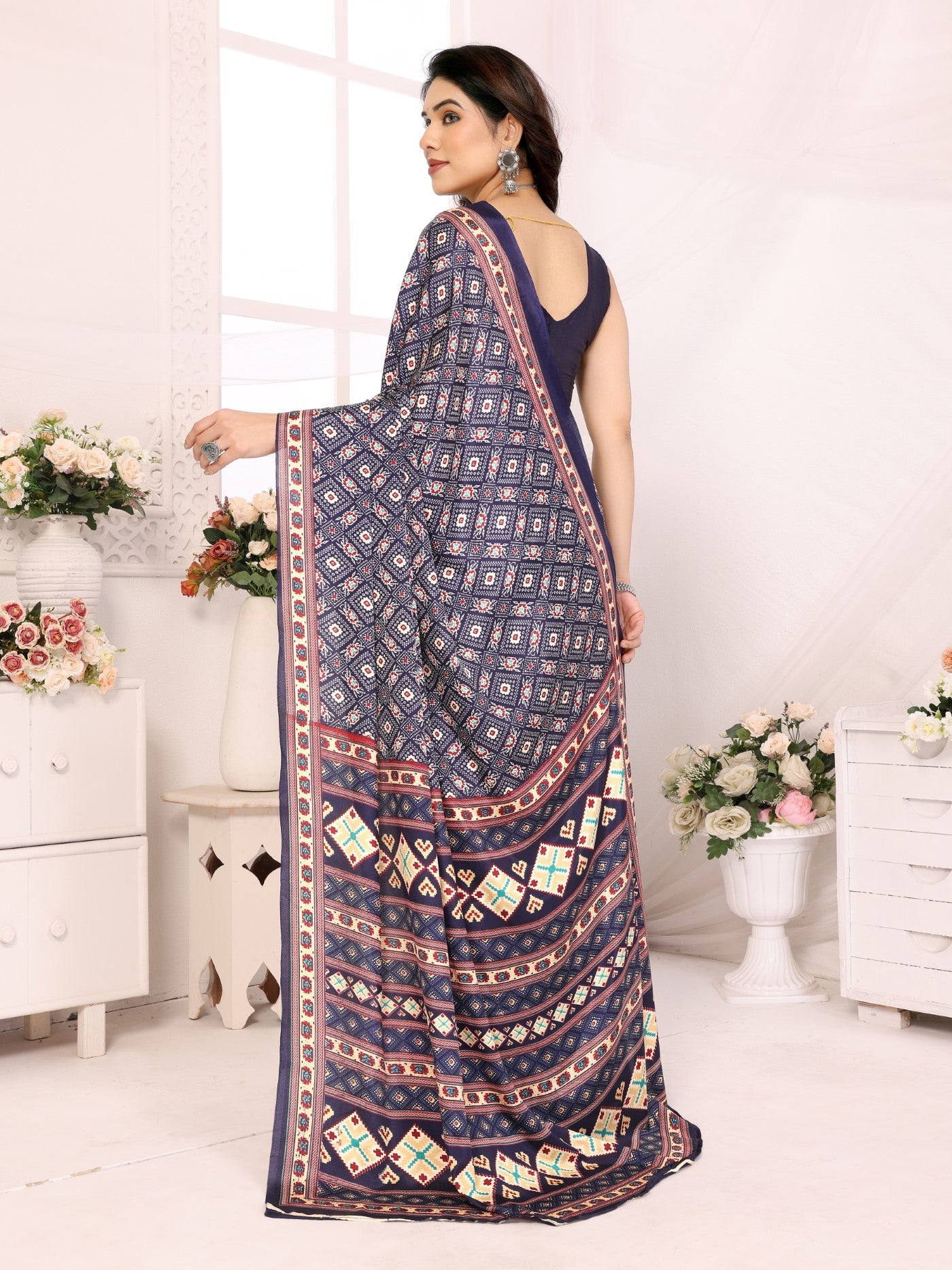 Blue Silk Crepe Saree with Print