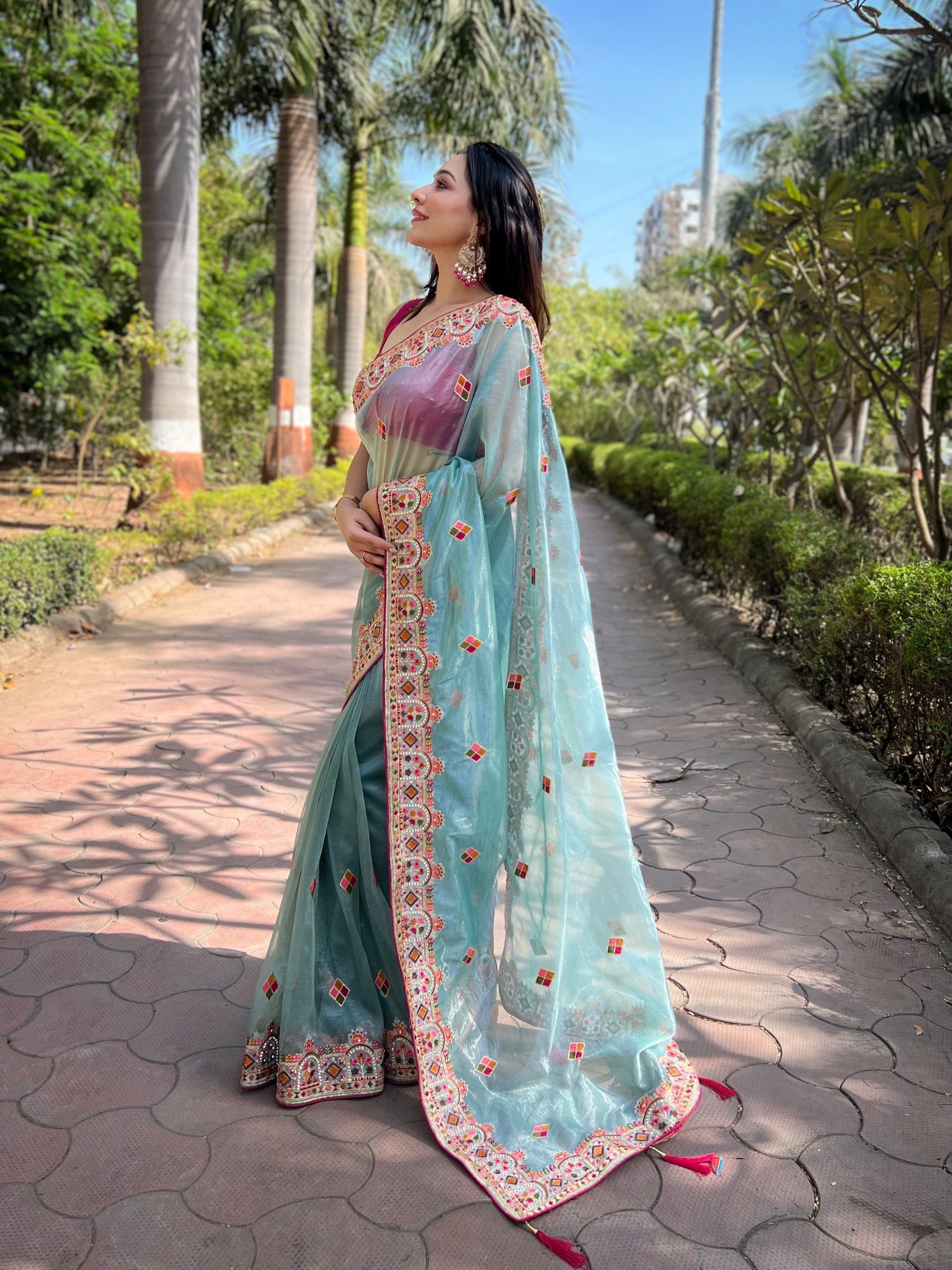 Blue Silver Tissue Silk Heavy Embroidery Saree For Beautiful Ceremonial Saree