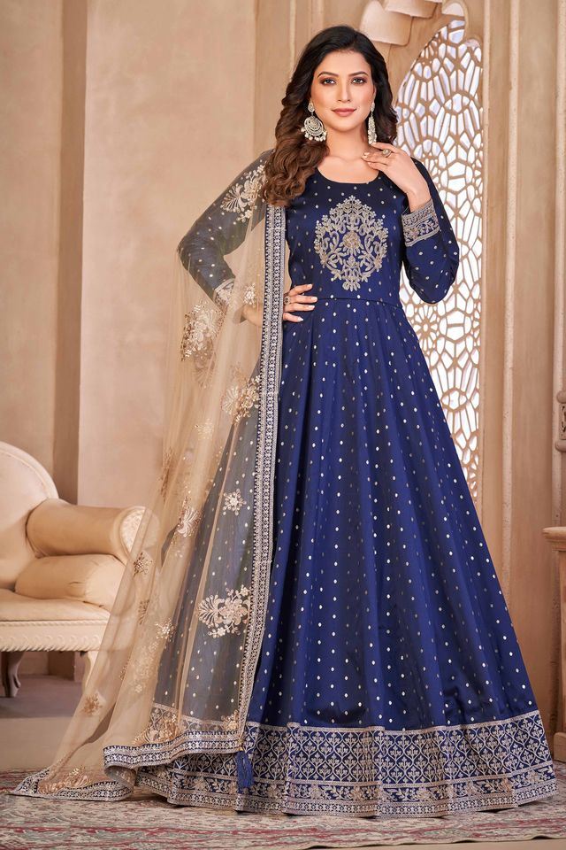 Blue Taffeta Butti Heavy Thread Embroidery Sequins Work Anarkali Suits