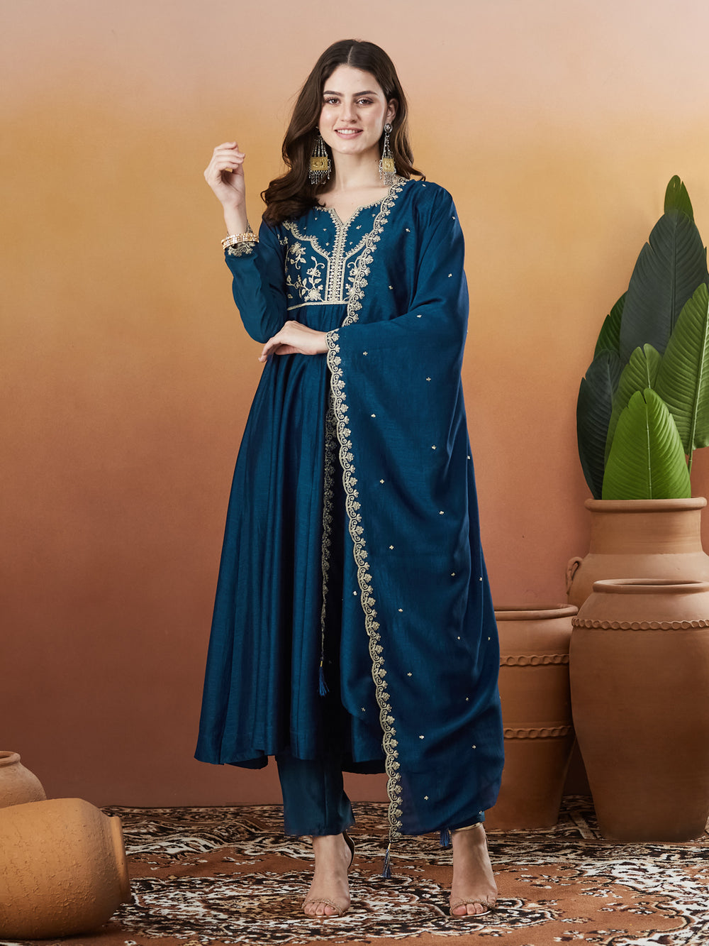 Blue Vichitra Silk Kurta Pant Set With Heavy Thread Embroidery Work