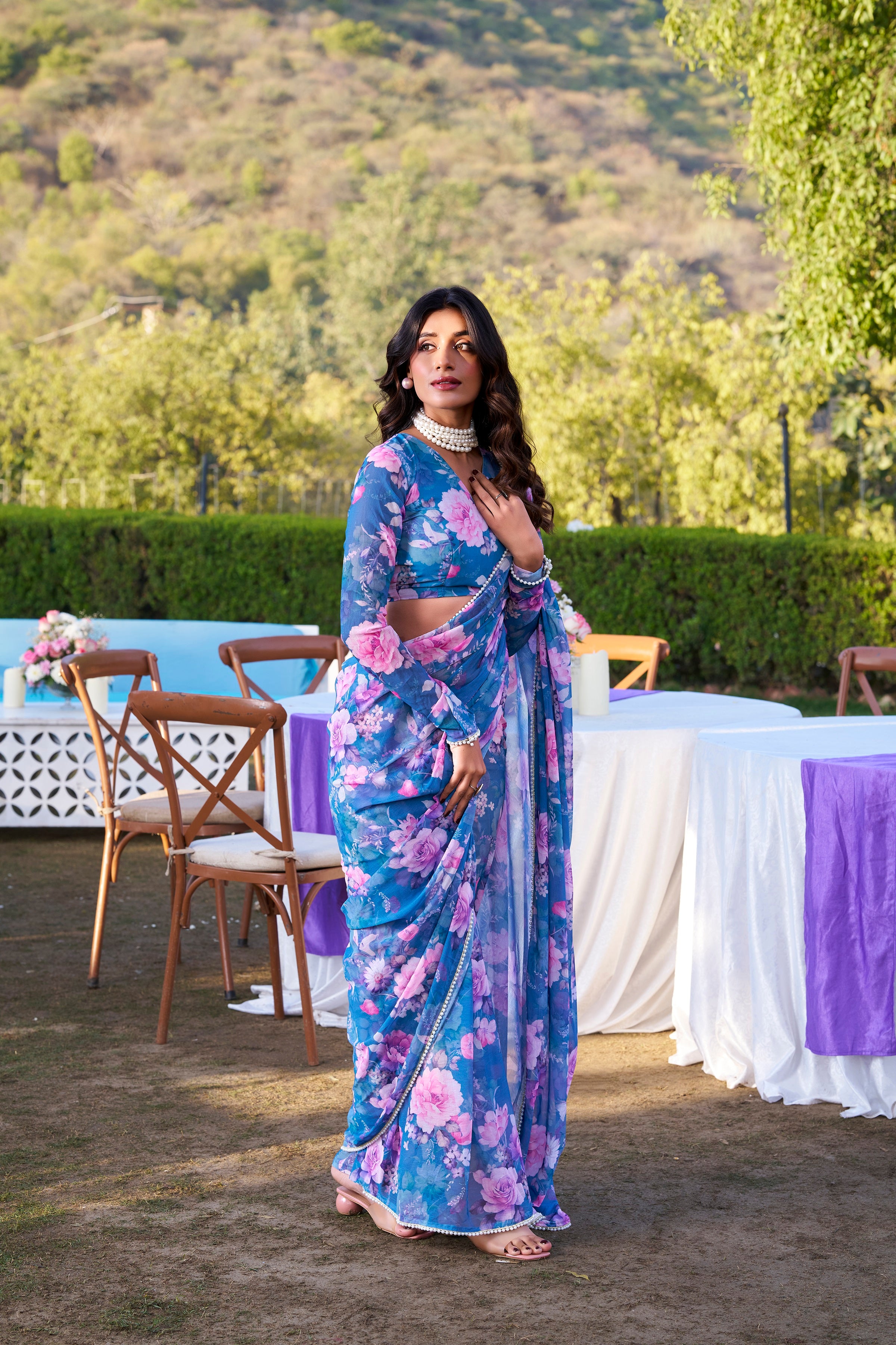 Blue Weightless Marble Print Saree with Pearl Lace Border