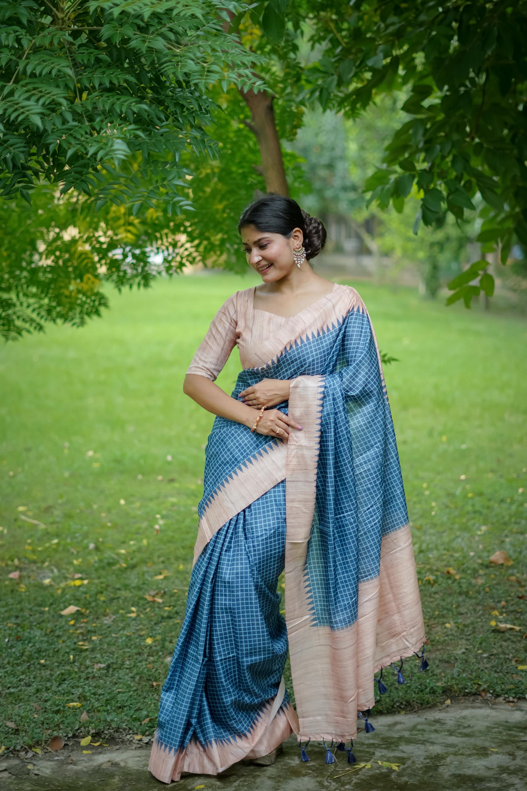 Blue Woven Kantha Designer Tussar Silk Saree With Printed Design