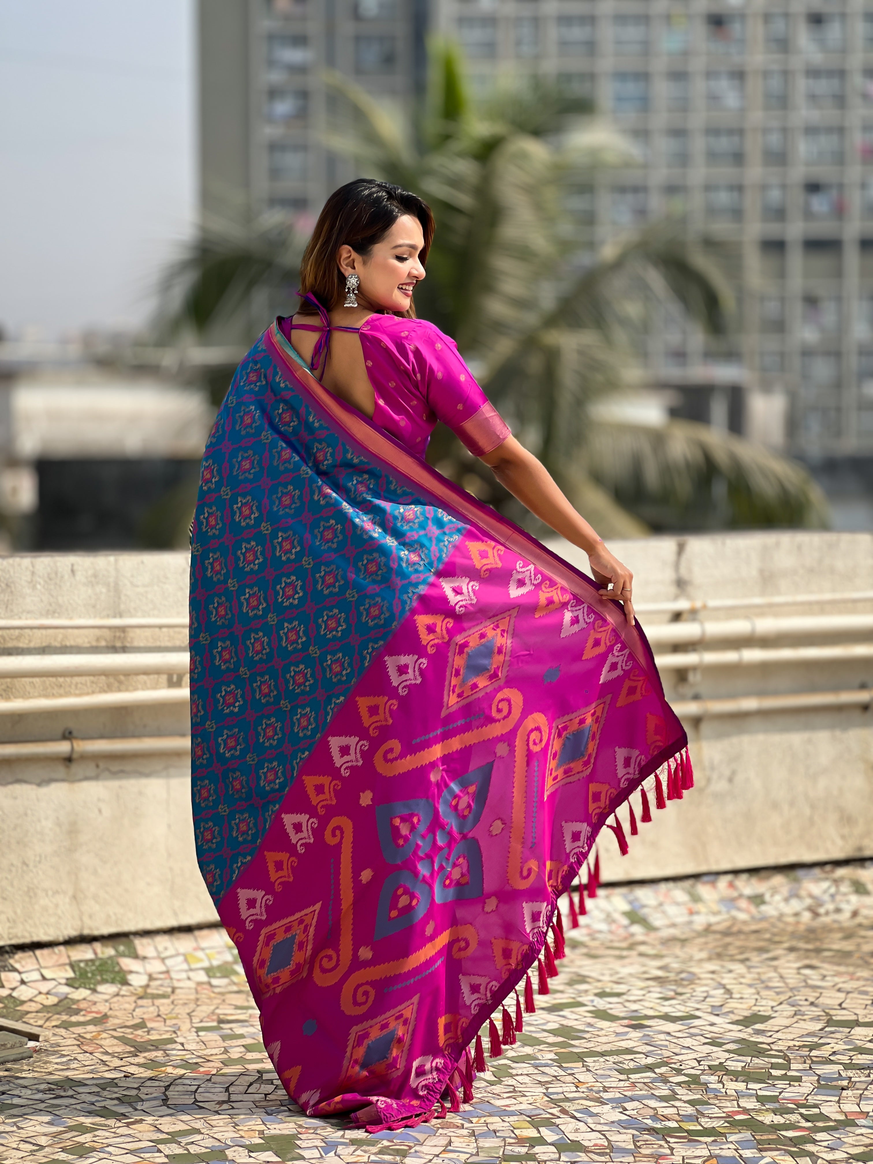Blue Woven Meenakari Ikkat Designer Patola Silk Ceremonial Saree