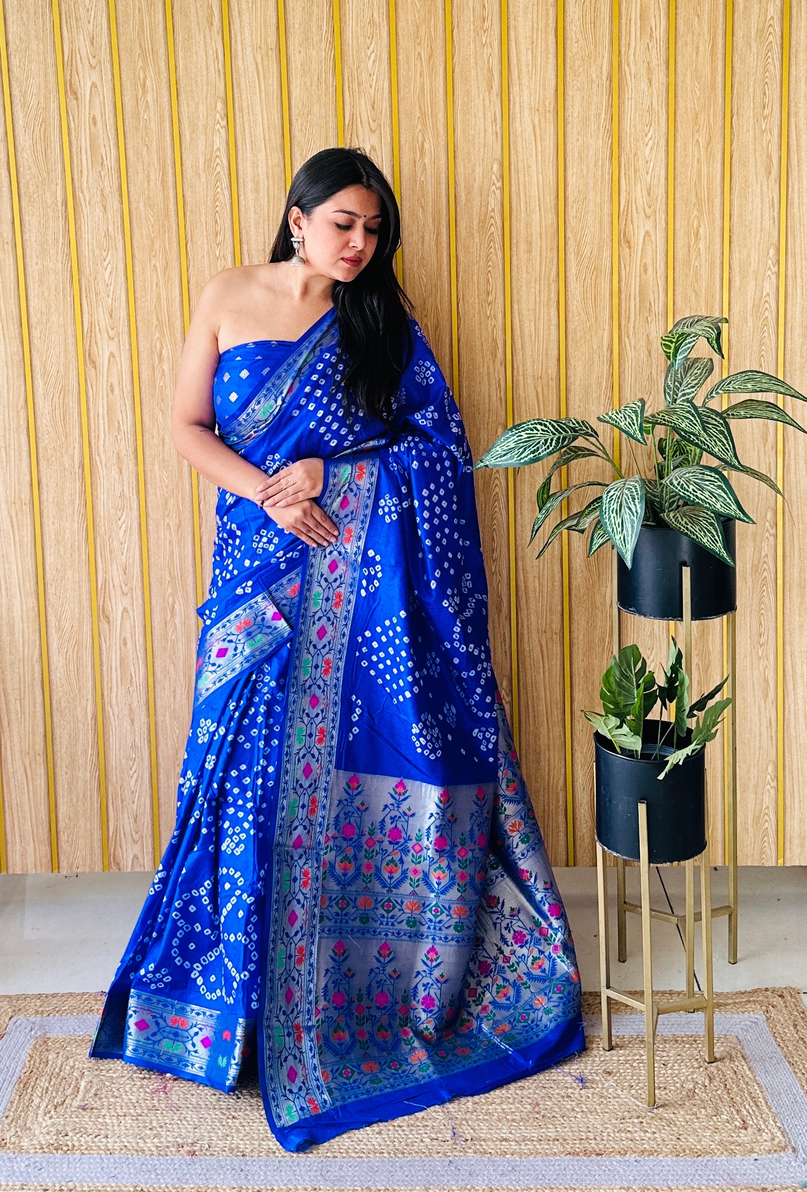 Blue Woven Paithani Designer With Bandhej Printed Beautiful Ceremonial Saree