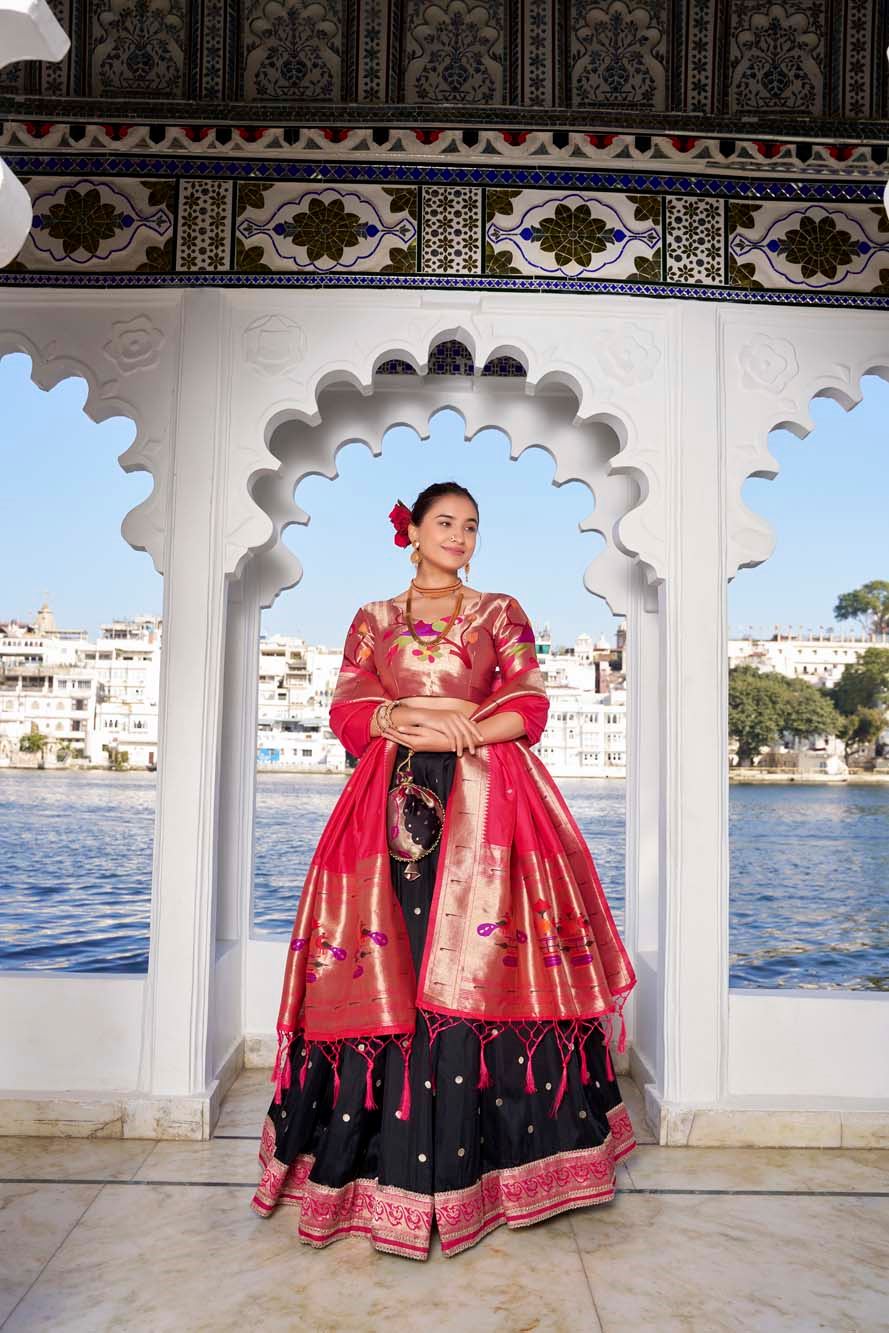 Bold In Black Jacquard Silk Paithani Lehenga With Graceful Zari Weaving