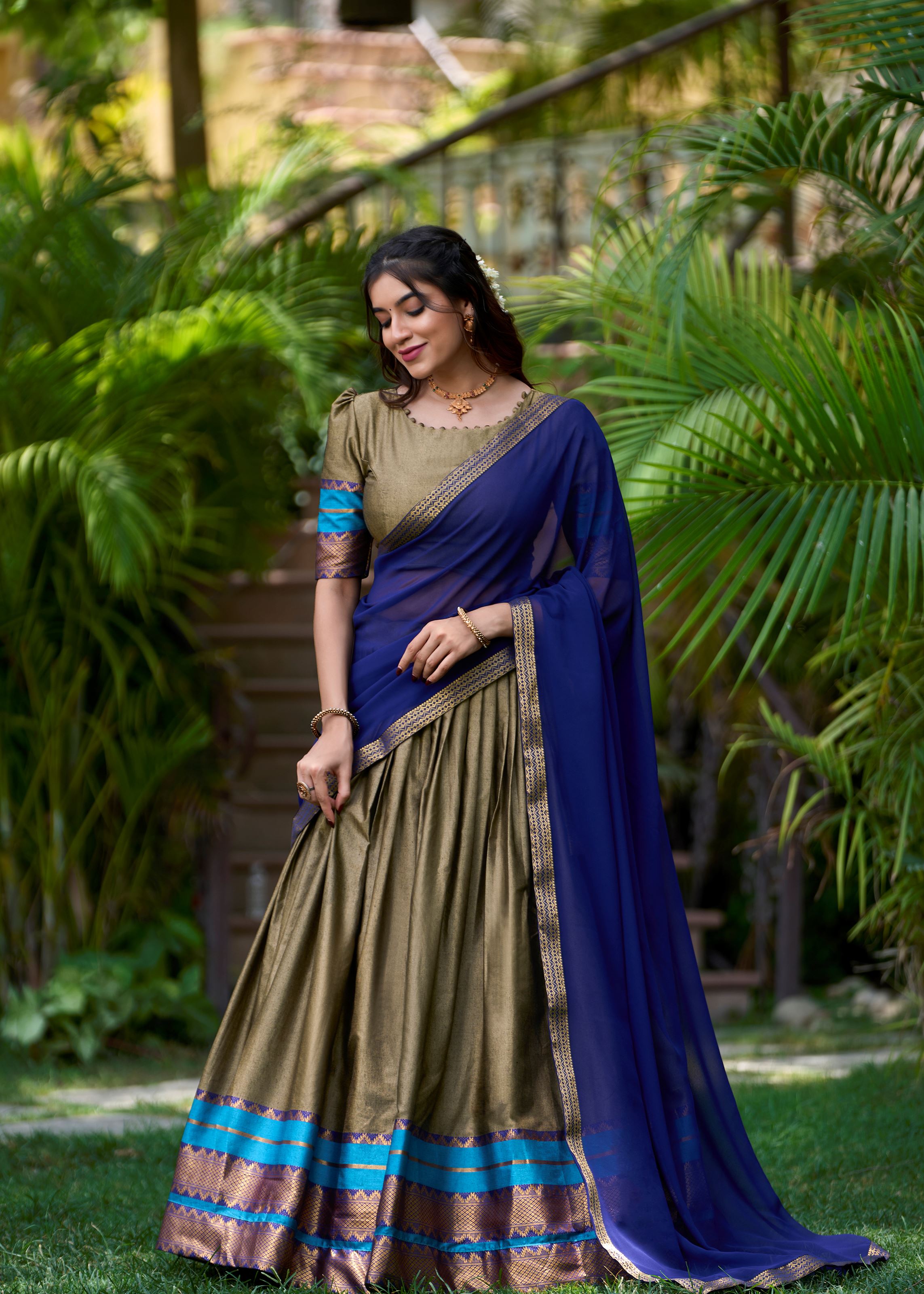 Bold & Beautiful In Chiku Poly Cotton Lehenga With Elegant Zari Weaving Work