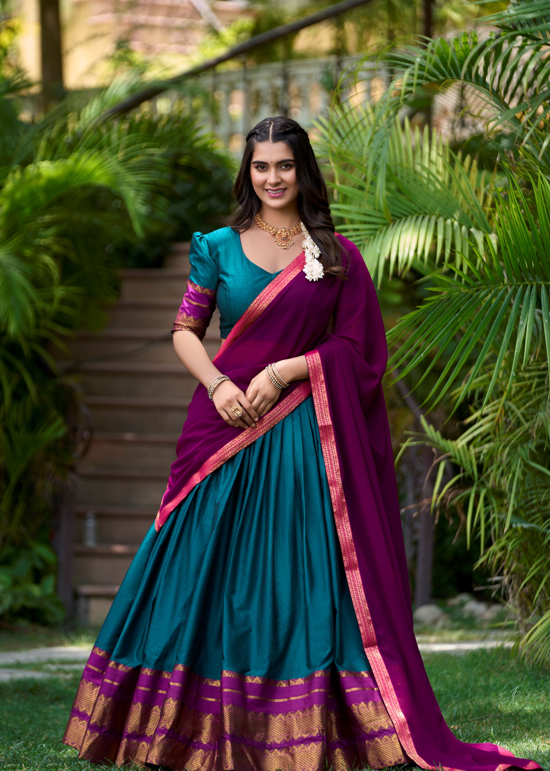 Bold & Beautiful In Teal Poly Cotton Lehenga With Elegant Zari Weaving Work