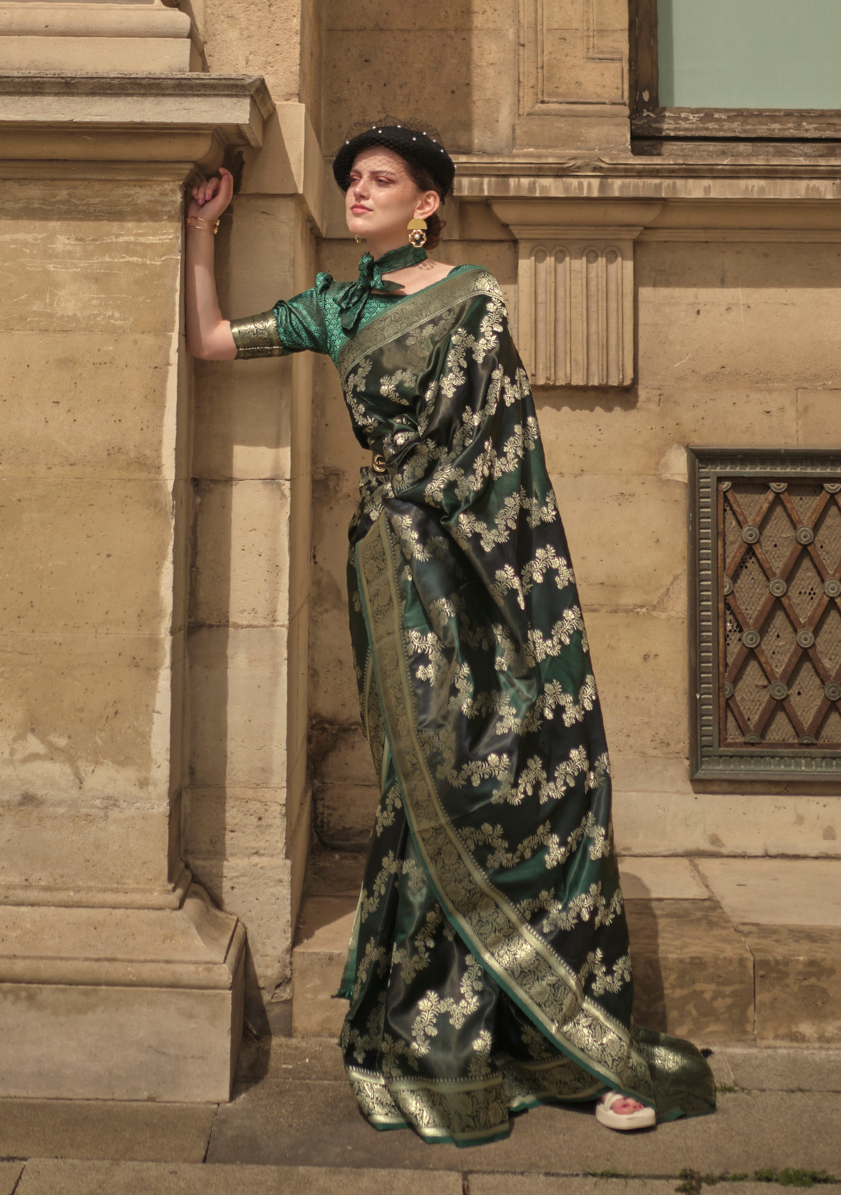 Bottel Green Ranghat Satin Saree With Woven Work