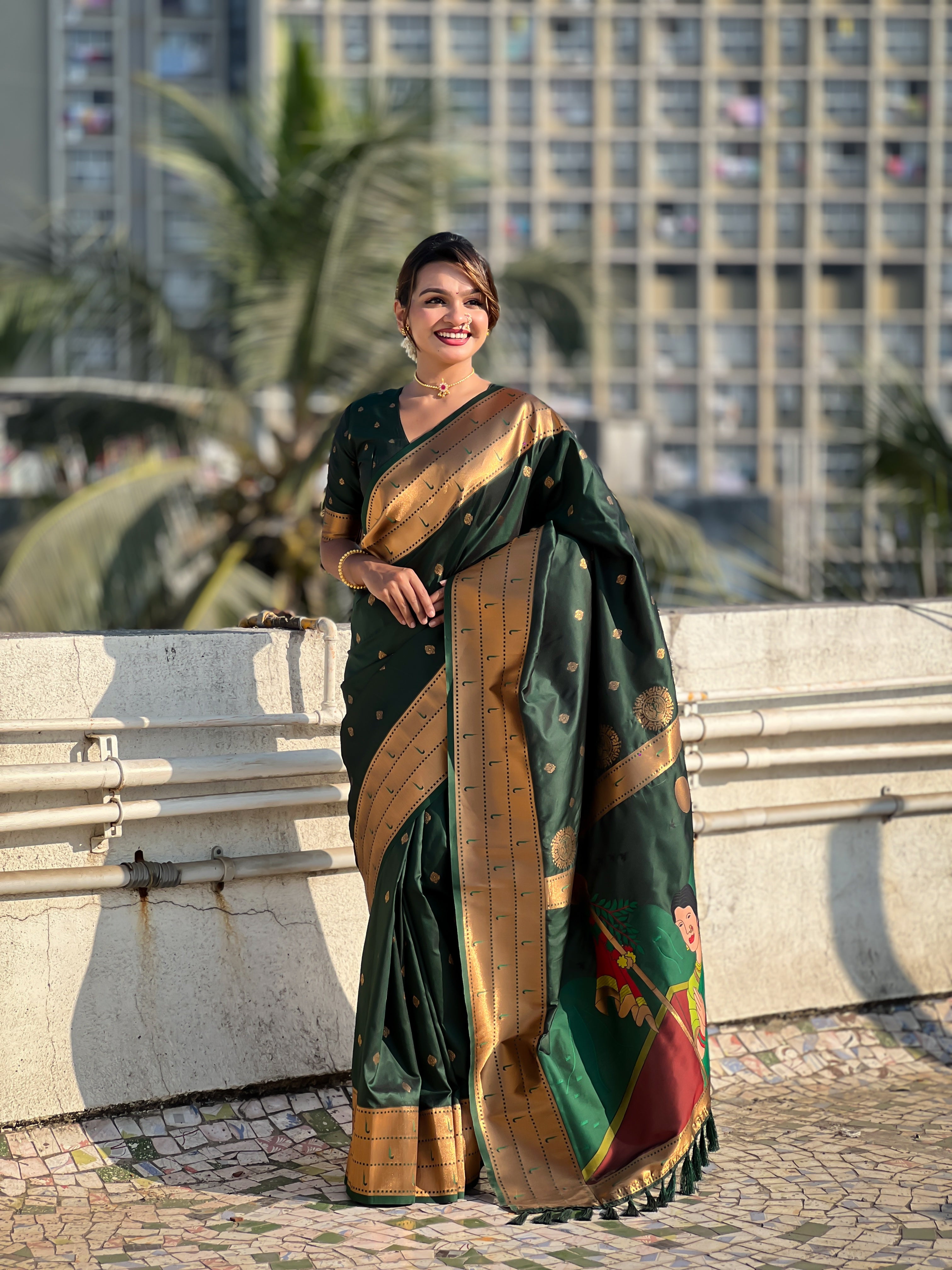 Bottel Green Soft Silk Weaving Figure Pallu Designer Ceremonial Saree