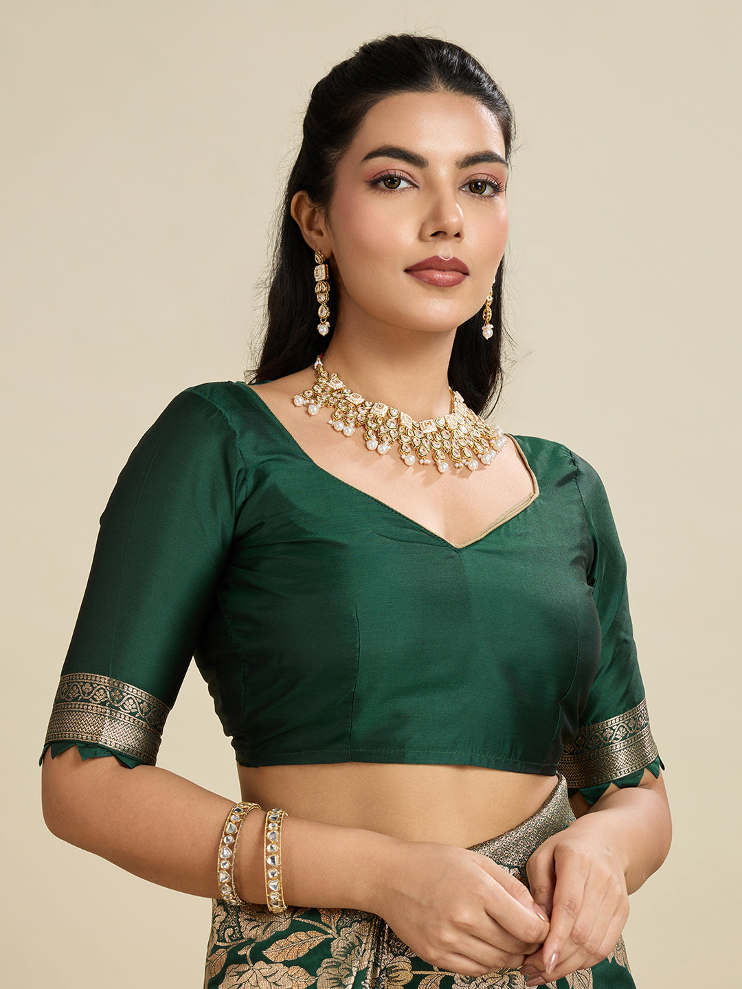Bottle Green Banarasi Silk Saree with Butti and Floral Border