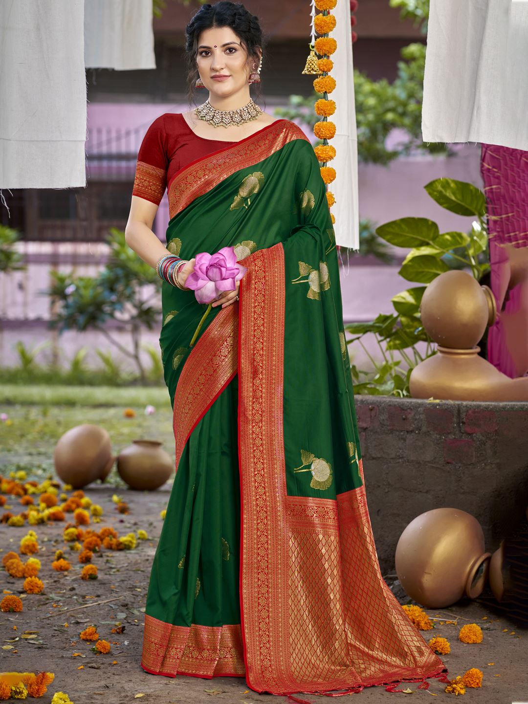 Bottle Green Color Silk Weaving Classic Saree